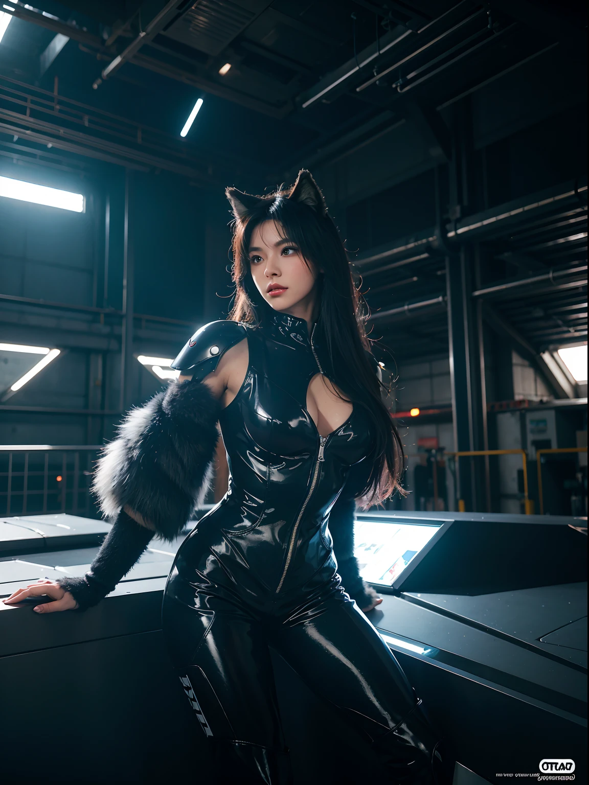 Beautiful commission portrait of a sexy hairy female wolf fursona wolf wearing mechanical clothes in a cyberpunk spaceship hangar. Design de personagens por charlie bowater, Tran Ross, Artgerm, e Makoto Shinkai, circunstanciado, Coberto, arte ocidental dos quadrinhos