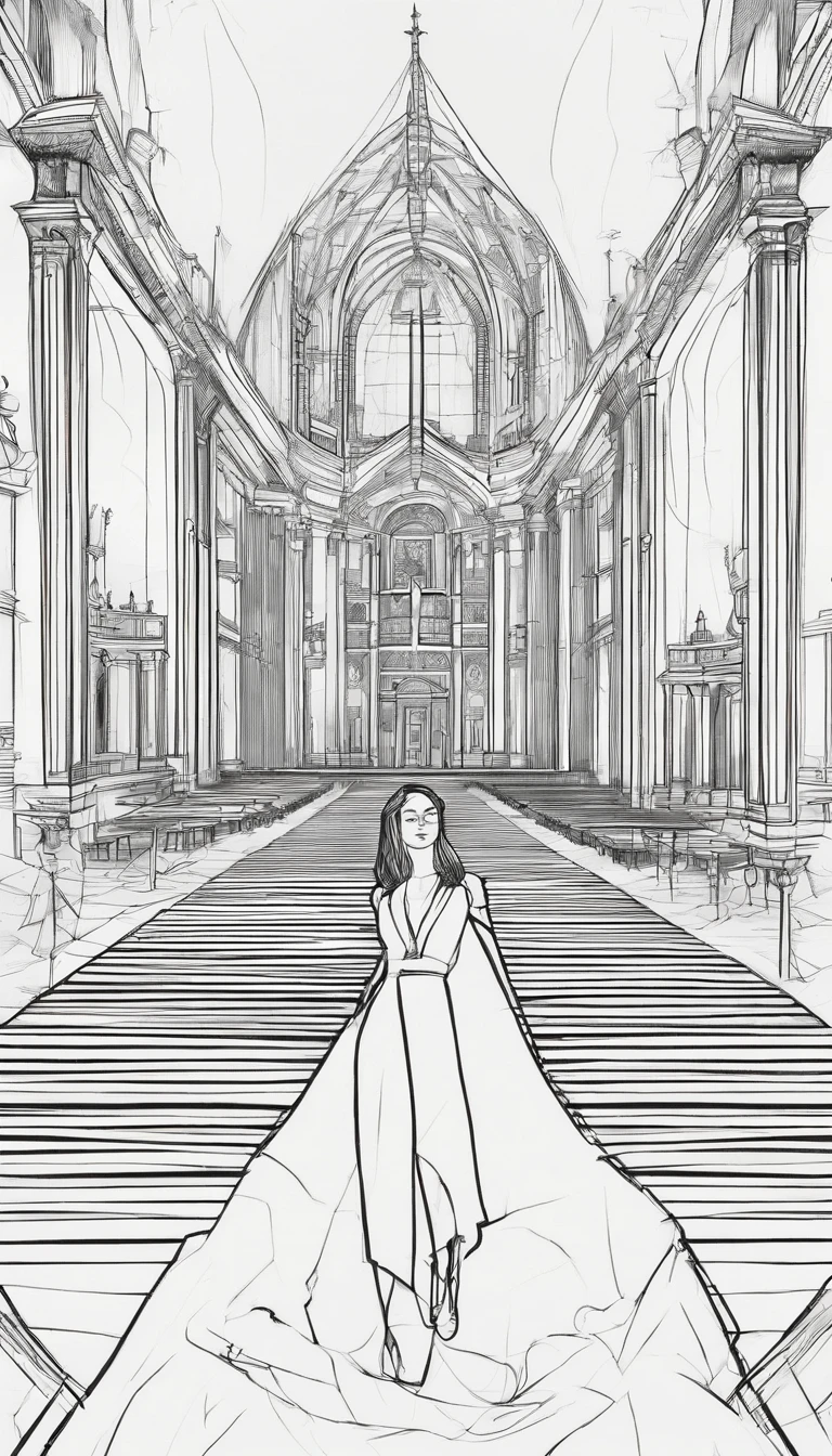 two-point perspective, 1 girl on the middle, chapel, ruined, sketch, black and white, interesting, amazing, high res, detailed