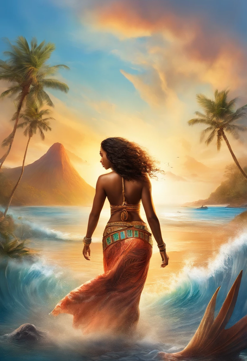 epic movie poster, volcano erupting, award winning (full body:1.3) portrait photo of a (moana:1.2), (seashell bikini:1.2), (water goddess:1.2), tribal tattoos, (wading:1.2) in the pacific (ocean:1.1), arms behind head, (partially submerged shot:1.2), (waves:0.9), desert island background, palm trees, beach,fluffy clouds in the sky, outrun, vaporware, trending on artstation, highly detailed, fine detail, intricate, (lens flare:0.9), (backlighting:0.9), (bloom:0.9), [Style-Micro::10]