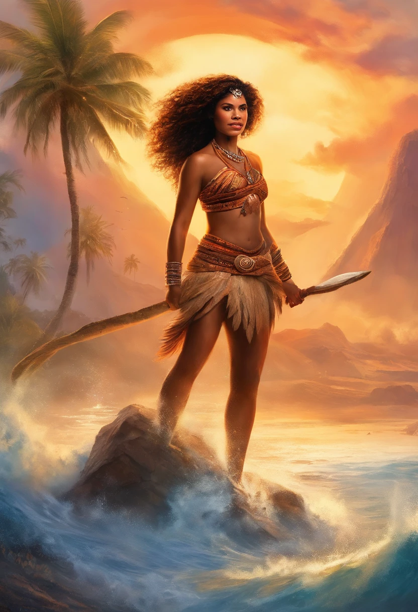 epic movie poster, volcano erupting, award winning (full body:1.3) portrait photo of a (moana:1.2), (seashell bikini:1.2), (water goddess:1.2), tribal tattoos, (wading:1.2) in the pacific (ocean:1.1), arms behind head, (partially submerged shot:1.2), (waves:0.9), desert island background, palm trees, beach,fluffy clouds in the sky, outrun, vaporware, trending on artstation, highly detailed, fine detail, intricate, (lens flare:0.9), (backlighting:0.9), (bloom:0.9), [Style-Micro::10]