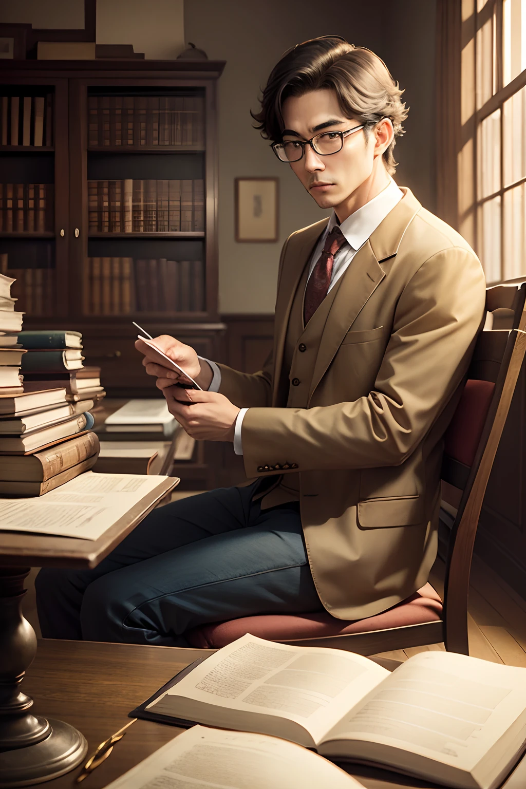 professor、classic vibes、A room lined with books、Man with glasses、