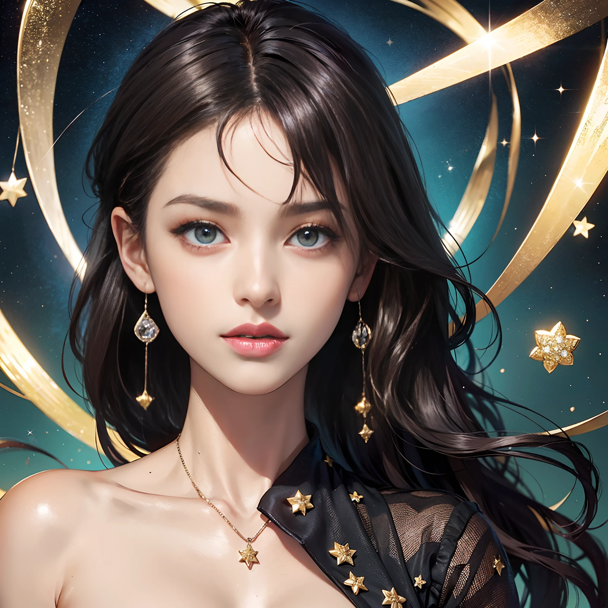 Background of details(Starry Night(Lots of stars(Shining stars(Stars like diamonds)))),BREAK,elaborate costume{Luxury kimono(Colorful kimono(detailed embroidery,))}BREAK 1 female(Beautiful and classy adult woman(glossy dark hair(poneyTail:1))),(Spread your hands from side to side),(Japanese actressl:1.2),(face perfect(Shy):1.2,(Heart in the eye)), Blake Wallpaper 16K,Blur the background with a sickle,(masutepiece:1.5), (Best Quality:1.5),(Portrait photos:1.5),full body Esbian