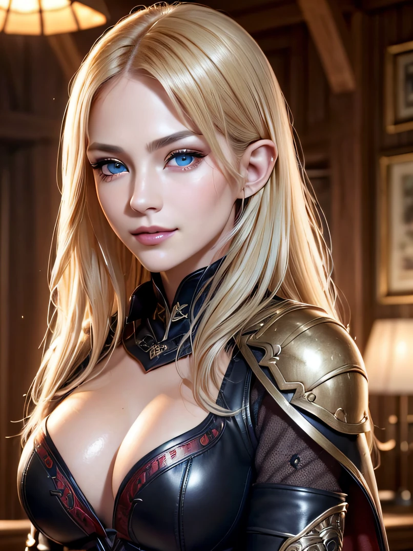 hightquality、hight resolution、masterpiece、foco nítido、lighting like a movie、Photorealistic portrait of stunningly beautiful western woman、((3/5 shot、Focus from the chest up))、detailed symmetric realistic face、extremely detailed texture、vivd colour、Detailed background elements、Deep sense of depth、Unique lighting effects、Complex configuration techniques、Camera angles that highlight the beauty of the character and the environment、 Depth and mood、Intricate detail and clarity、((elvish、tall、glistning skin、shinny skin、Slender figure、hyperdetailed face、ultra realistic textures、big eye、heavy make-up、A detailed eye、high quality eyes、face with high quality、Shiny face、embarrassed from、A smile、red blush、blue eyess))、(((blonde hair、perfect hand)))、mid night、Inside a dimly lit tavern、In front of a wooden desk、sit a chair、Beer bottles、((Very complex black leather armor、red cloak、Leather Belt、long boots、Black gloves on both hands、bracers))、Dark Fantasy、Detailed hand depiction、Look at viewers