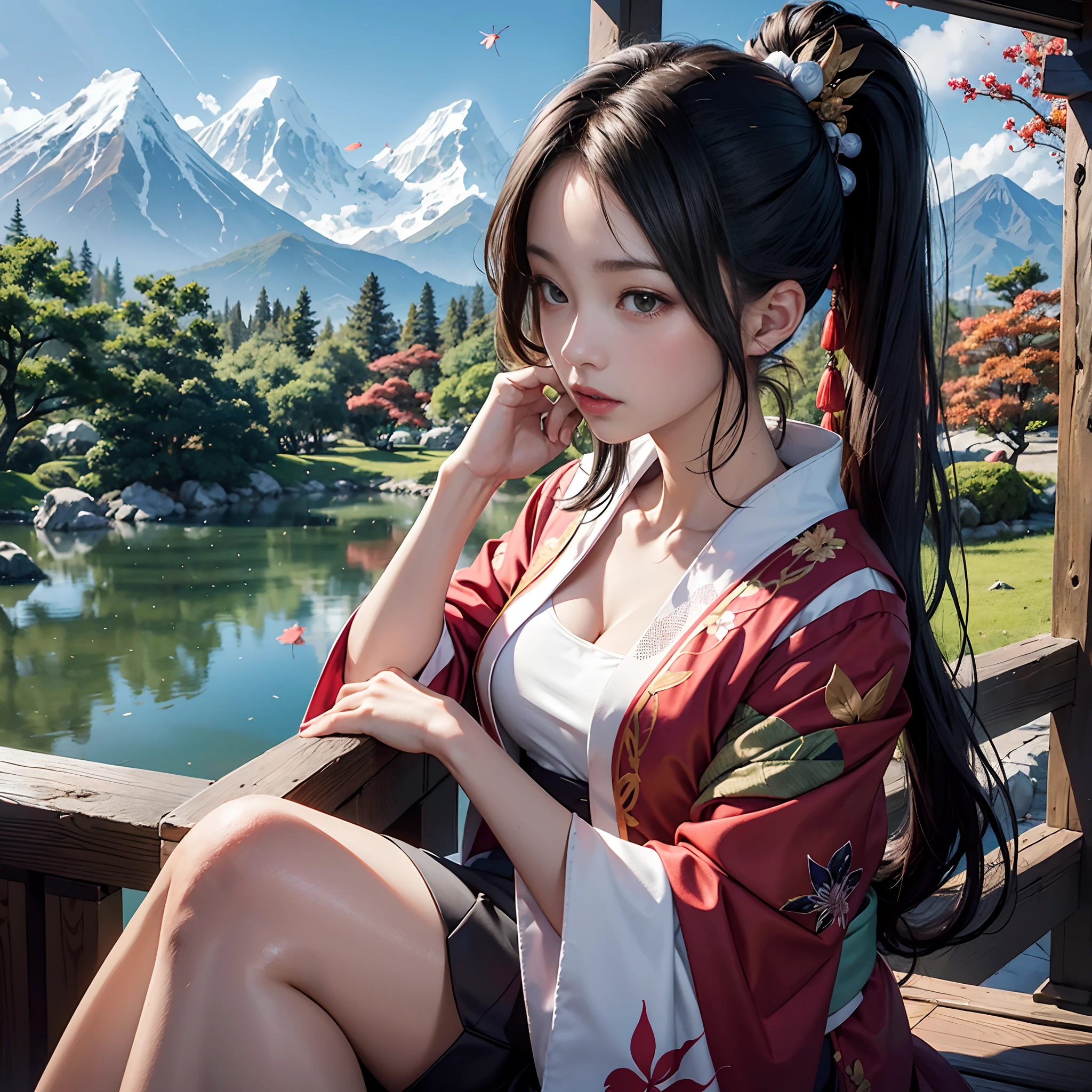 Background of details(Japanese garden(I can see the mountains(Colored leaves))),BREAK,elaborate costume{Luxury kimono(Colorful kimono(detailed embroidery,))},BREAK,1womanl(Japanese actressl:1.2)(face perfect(Shy):1.2),Depicting a beautiful and classy adult woman,glossy dark hair(poneyTail:1.2),Heart in the eye, Wallpapers 16K,Blur the background with a sickle,((masutepiece)), ((Best Quality)),{{a portrait photo of}},full body Esbian