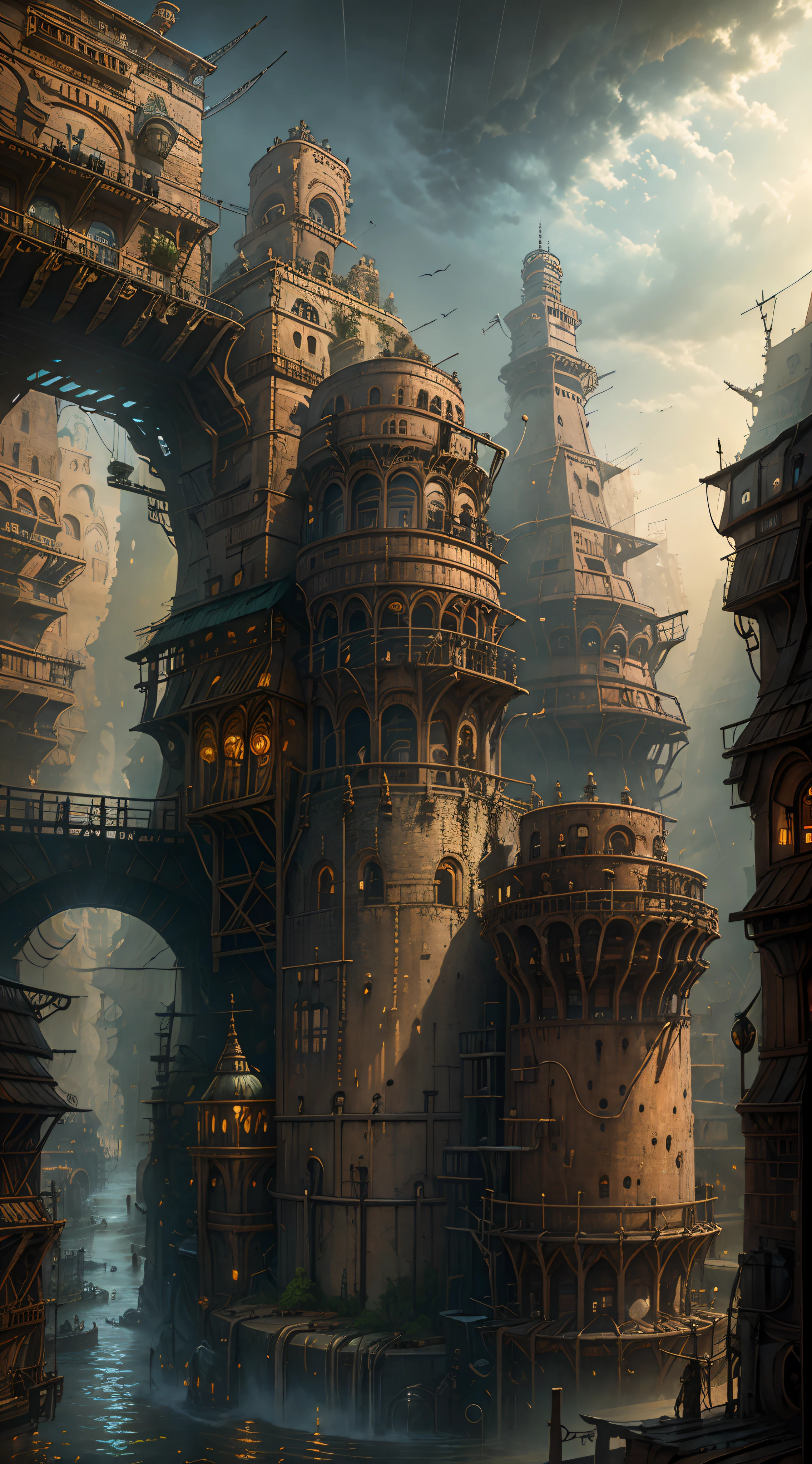 Industrial age city,Deep valley in the middle,architectural streets,bazaars,Bridges,rainy sky,Steampunk futuristic style,Western architecture,Isometric scene,Outstanding details,