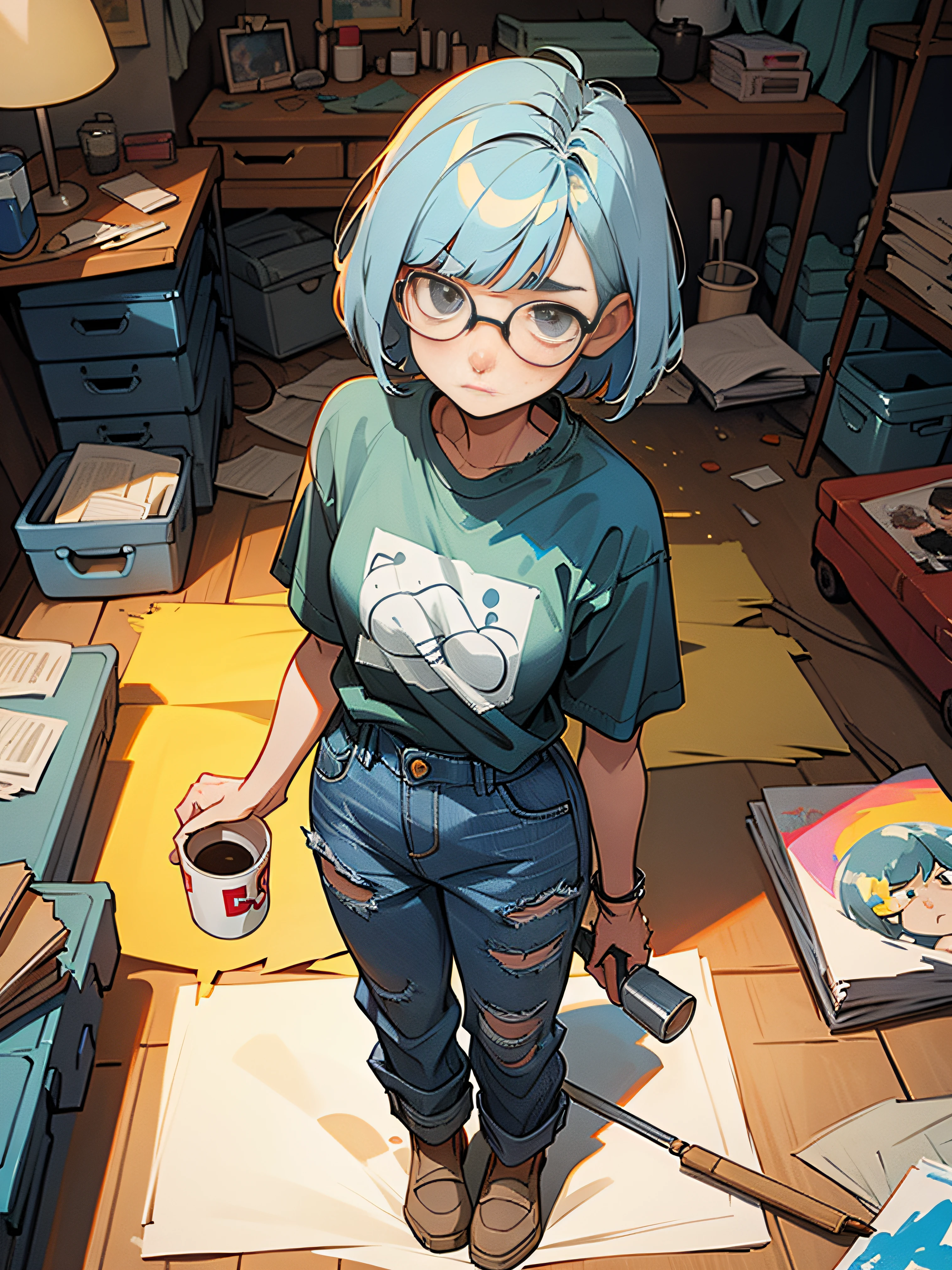 Short Bob's20Woman wearing age glasses is painting in an old messy room、Hair color is black、Dirty baggy denim on dirty baggy t-shirt、There is a lot of A4 paper with pictures on the floor.