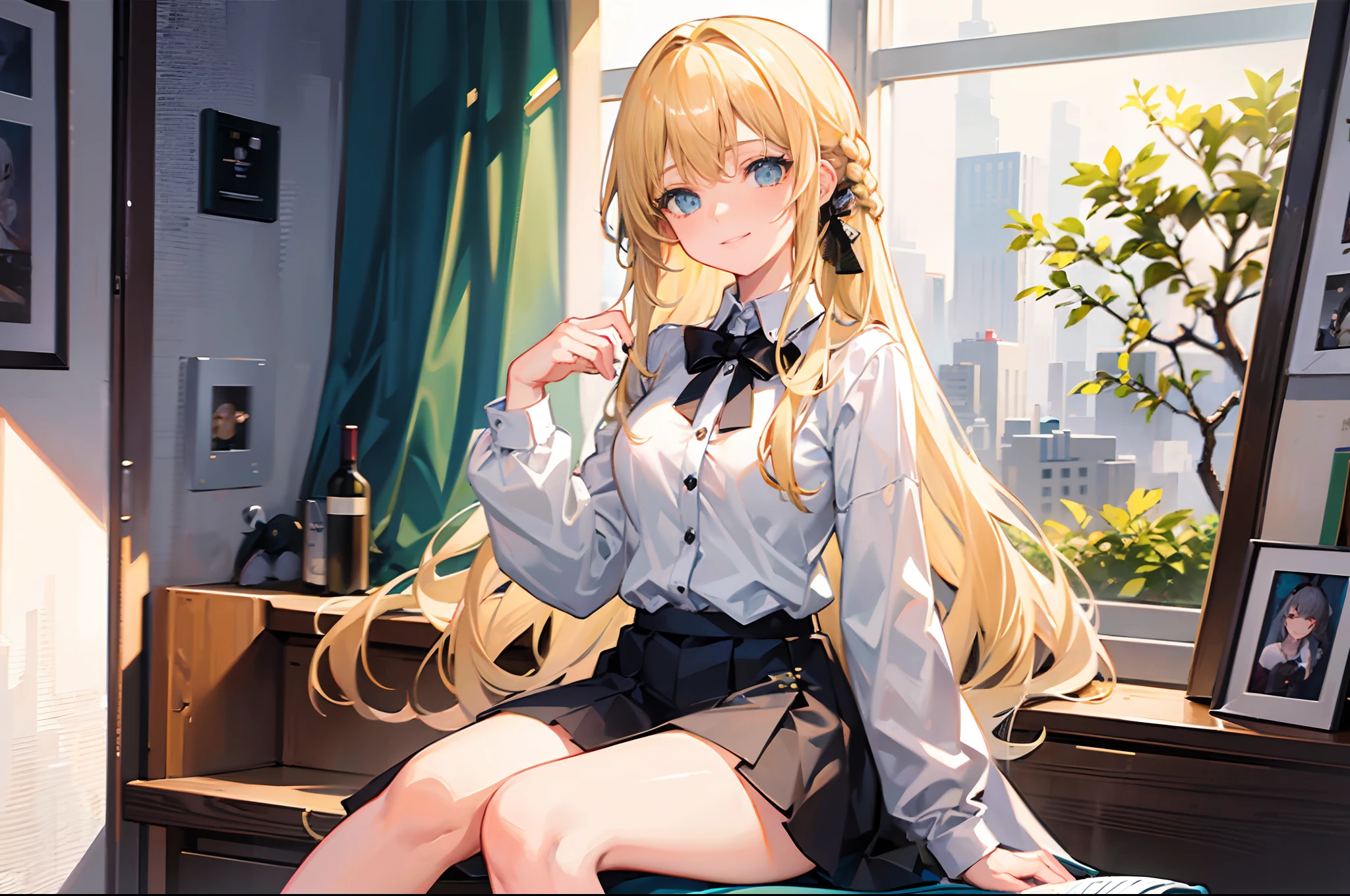 18-year-old blonde, Turquoise eyes, long-haired,Braid left and right. Wear a white shirt with buttons.. Black miniskirt..Wine by the window....With a slightly smiling face...............
