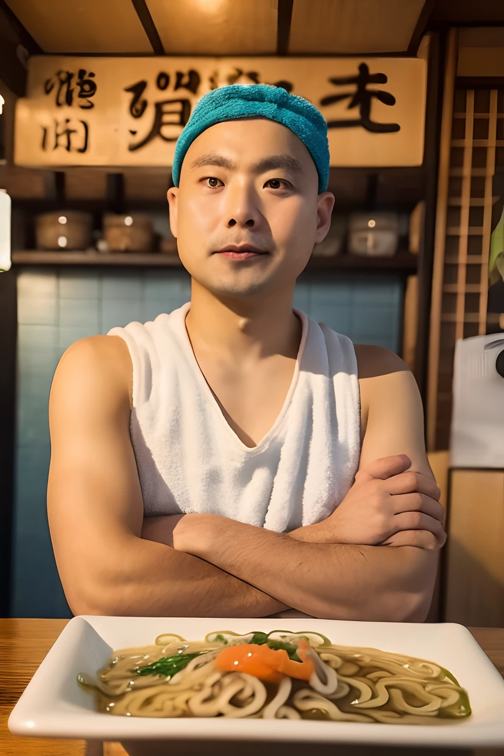 baldness、Male one、8K、Best Quality、realistic photo shot、(Ramen shop owner:1.4)、Ramen is served、(Arm Crossing Pose:1.3)、(Wrap a towel around your head:1.2)、Busaic
