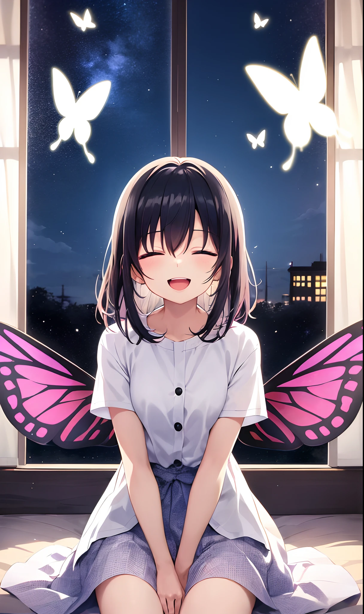 dreamy psychedelic anime, 1 girl, closed eyes, solo, window, wings, butterfly, butterfly wings, black hair, open mouth, :d, shirt, teeth, butterfly wings, medium hair, white shirt, bangs, cowboy shot, night light art, night, dynamic angle, sitting on