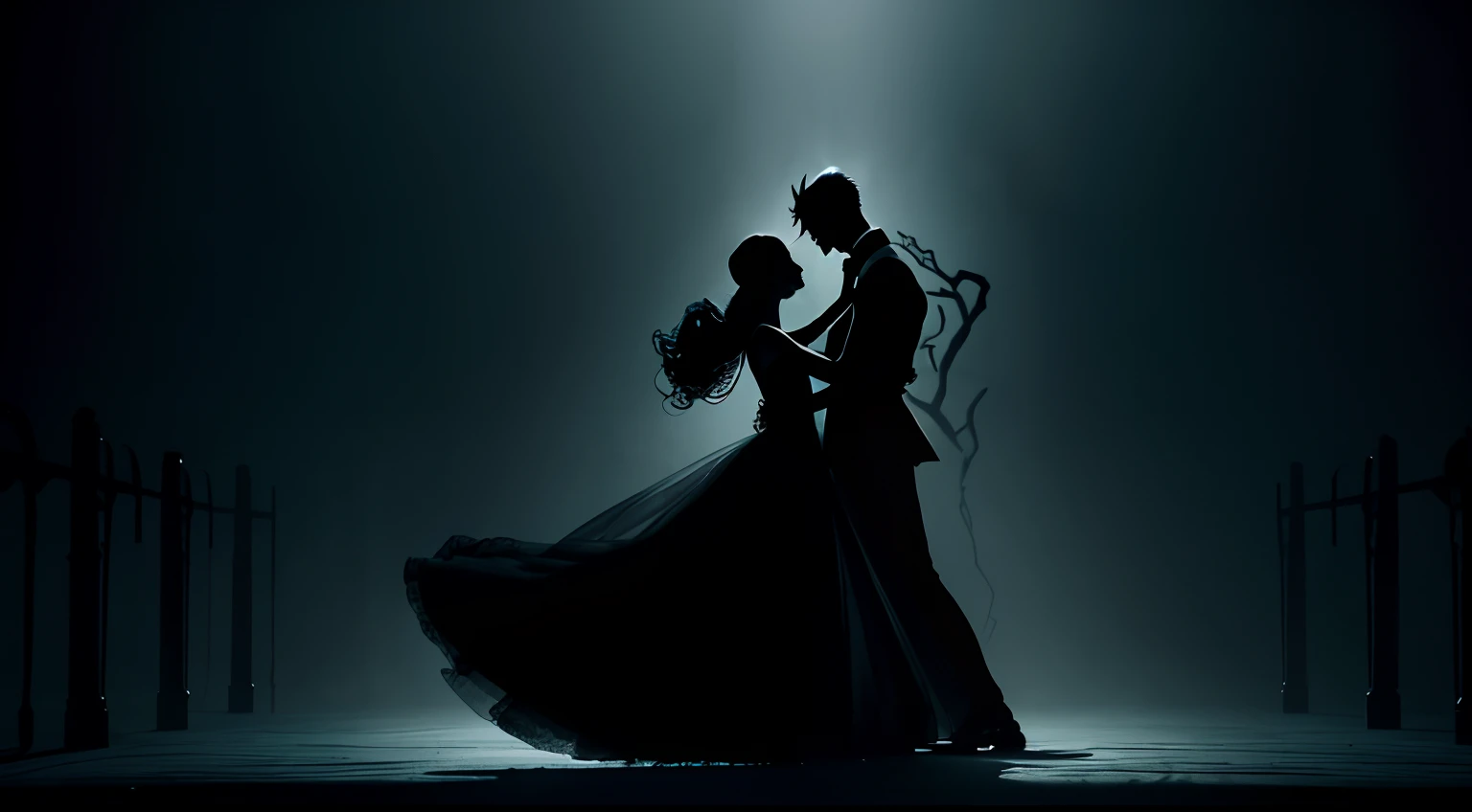 Create a haunting spectacle as shadows dance and intertwine. A vortex of twisted limbs entwines in a dark and unearthly ballet. Lingering in the shadows, a mysterious figure emerges, adorned in a sinister, ethereal atmosphere.