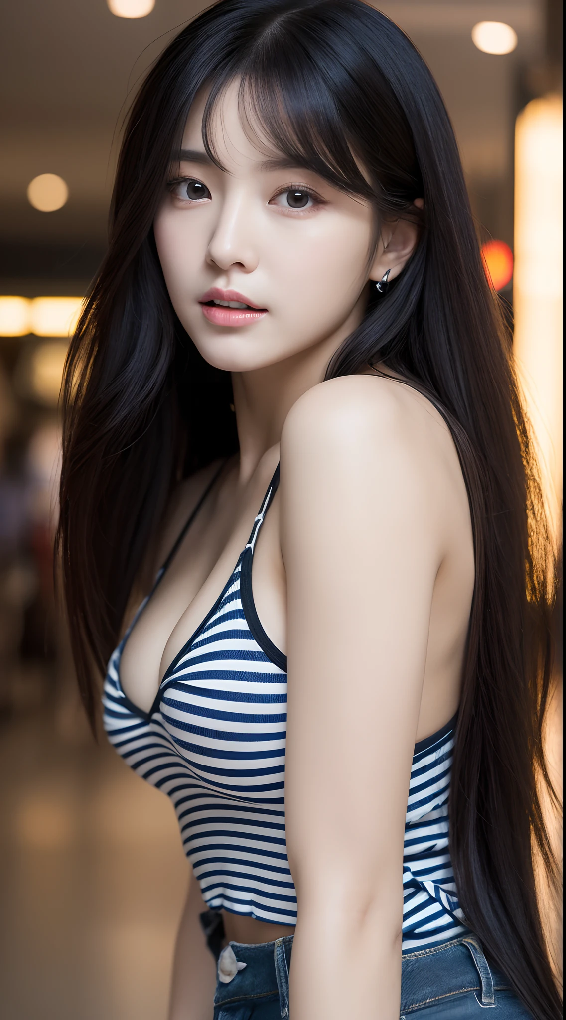 Realistic photos of (1 cute Korean star) expressive hair, thin makeup, 32 inch breasts size,wearing black striped tank top, jeans pants, in arcade centre, close-up portrait, UHD
