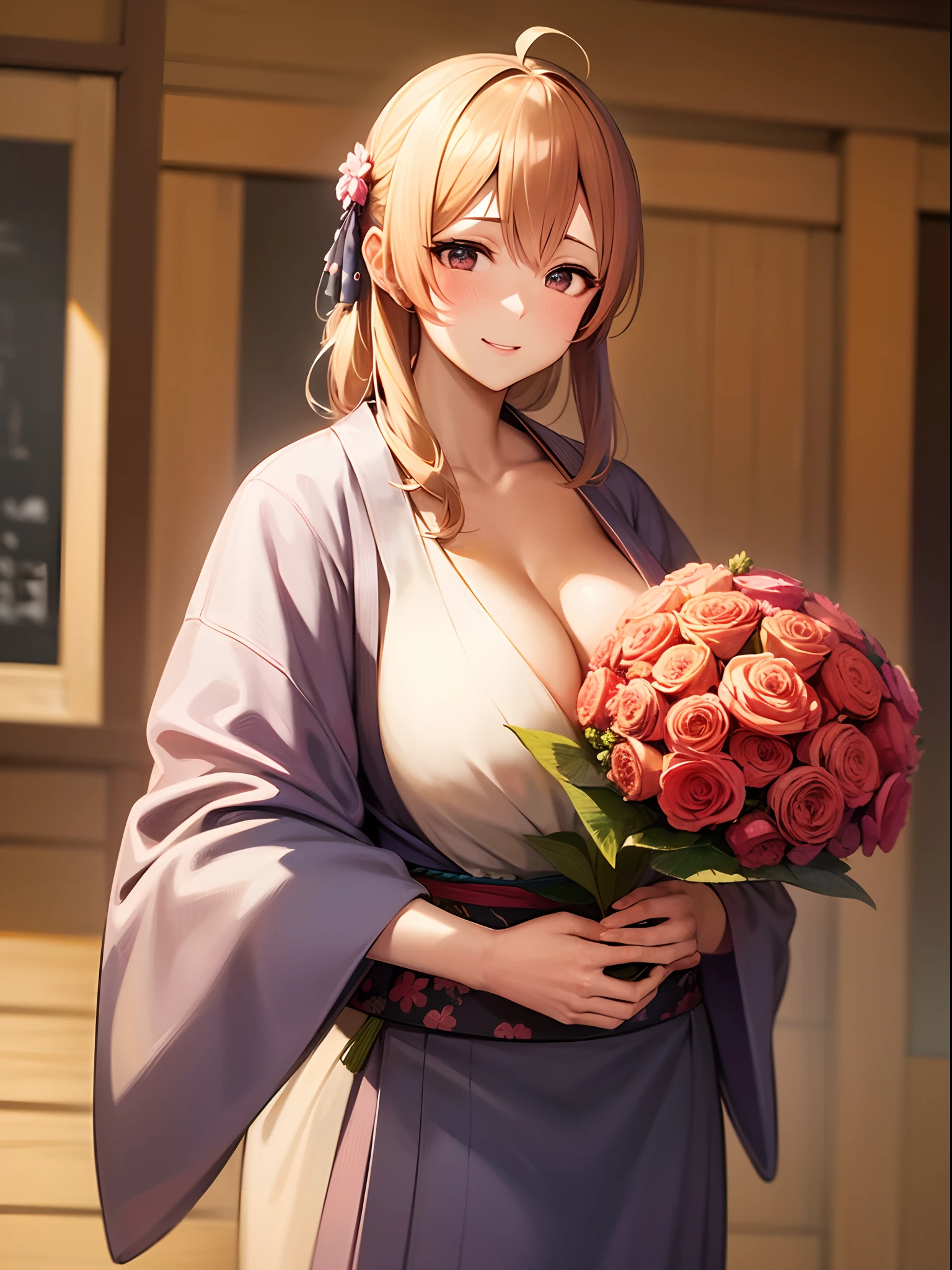 (A hyper-realistic), (Illustration), (High resolution), (8K), (Very detailed), (Best Illustration), (Best Quality), (ultra-detailliert), (masutepiece),Japan female rakugo artist、Mature Woman,Beautiful kimono 、vaudeville、Packed crowd、animesque,gently smiling,( massive chest),with a large-flowered bouquet、celebration、omatsuri,Ahoge、