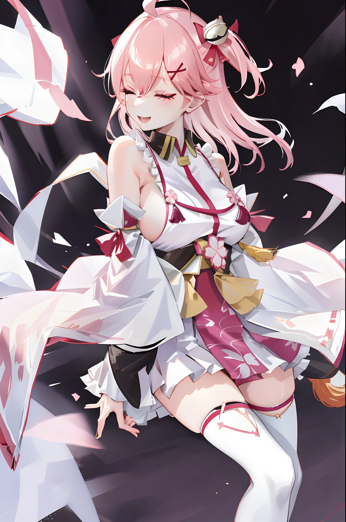 masterpiece, best quality, highres, miko1, sakura_miko, 1girl, big_boobs, solo, ahoge, x_hair_ornament, pink_hair, floral print, hairclip,(side_less_clothes:1.5), (side_boobs:1.5), hair_bell, floral print, long_hair, hair between eyes, one side up, white thighhighs, asymmetrical legwear, wide sleeves, open_mouth,(happy:1.3),close_eyes,big_smile,rising_leg,plump,apart_legs,(overly_long_sleeves:1.3),(beautiful_fingers),sleeves_past_wrists,hands_hidden_sleeves,sidelock_clothes,dynamic_posing,solo,hidden_wrists,(XD:1.4),