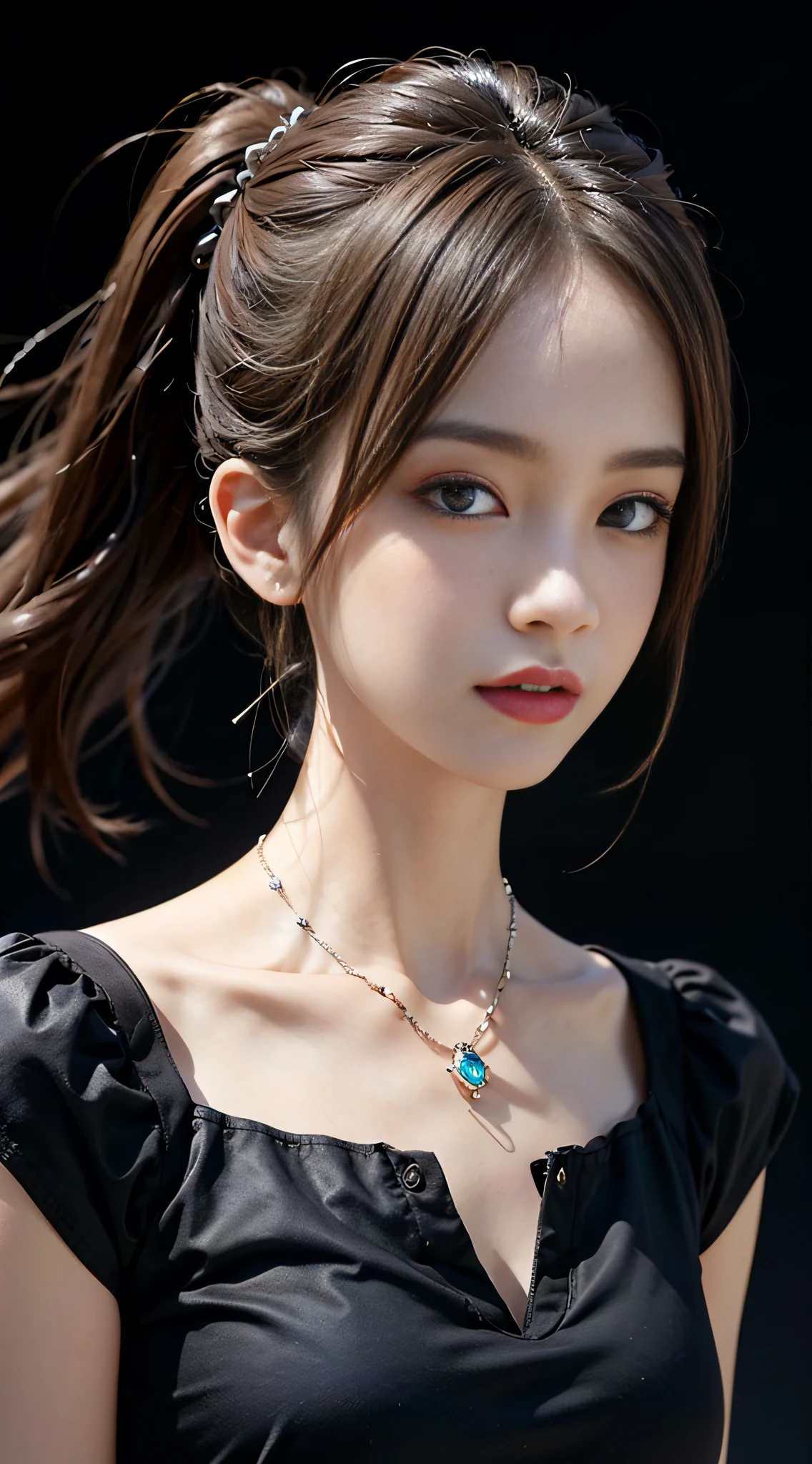 ((​masterpiece:1.4)、(top-quality:1.4)、(reallistic:1.7))、masuter piece:1.4、Kawaii Girl、Portrait photos、Close-up photos、Upper body photography、beautiful countenance、defiance、dark backgrounds、Narrow waist、poneyTail、Raw photo、red-lips、a choker:1.4、a necklace:1.4、耳Nipple Ring:1.4、1 screen display、