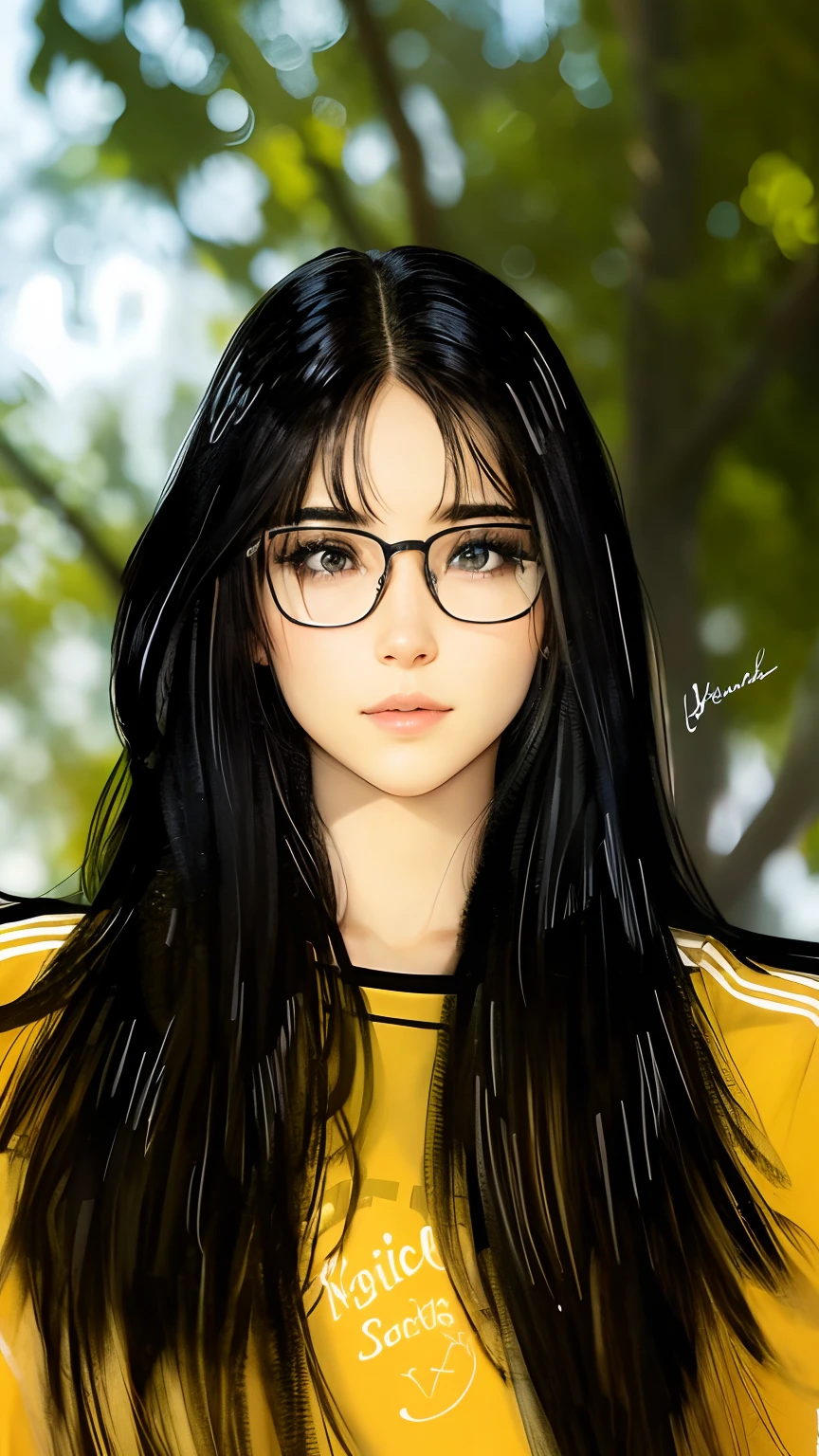 Beautiful face, cute girl, long hair, black hair, glasses