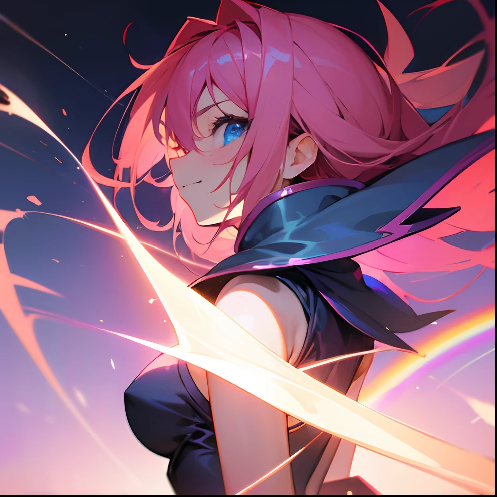 Dark Magician Girl、MKSKS style、Solo、(highly detailed back ground:1.0)、(highly detailed back ground:1.0)、masterpiece、top-quality、超A high resolution、in 8K、upper Shot、(1/2 and 1 Vivid Pink/2 Passion yellow hair)、BREAK、Detailed skin、glowy skin、A detailed eye、Blue eyes、Burning cheeks、Laughing、Large breasts、BREAK、Cyberpunk clothing:1.2、Detailed clothing、looking in camera、(rainbows:1.2、Bright atmosphere)