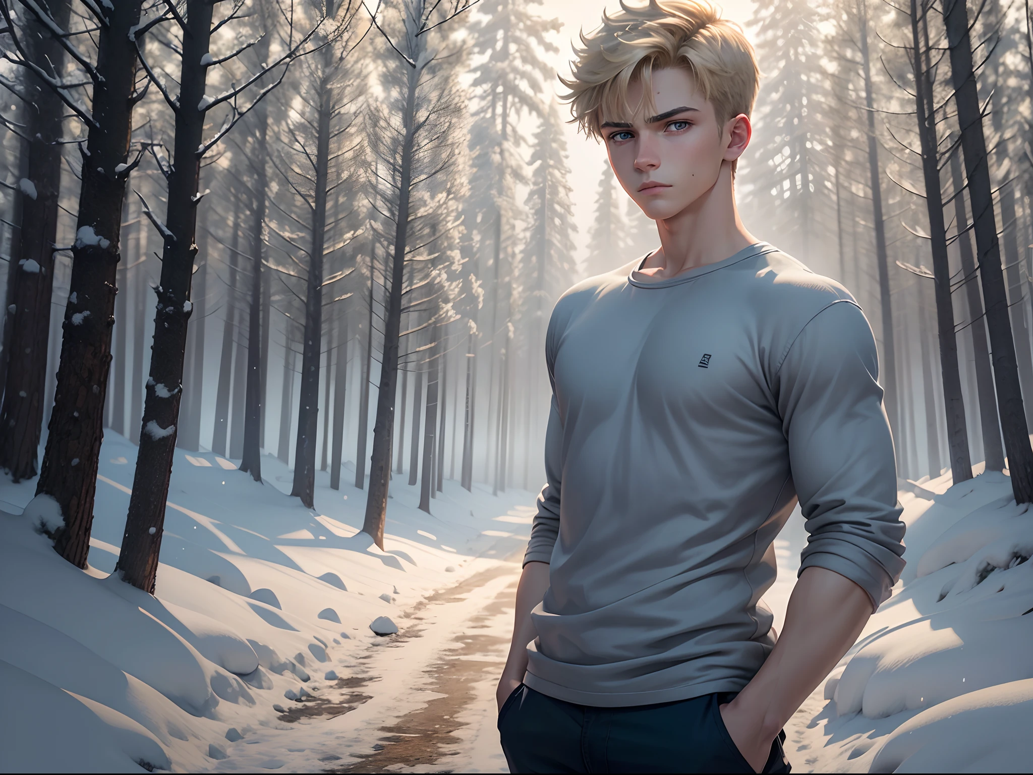 realistic, 8k image of a 15 year old young man, blond, strong, short hair combed back, blue eyes, square jaw, dressed in a casual gray shirt, serious expression, standing in an open field in the middle of a forest covered in snow, morning, anime style art