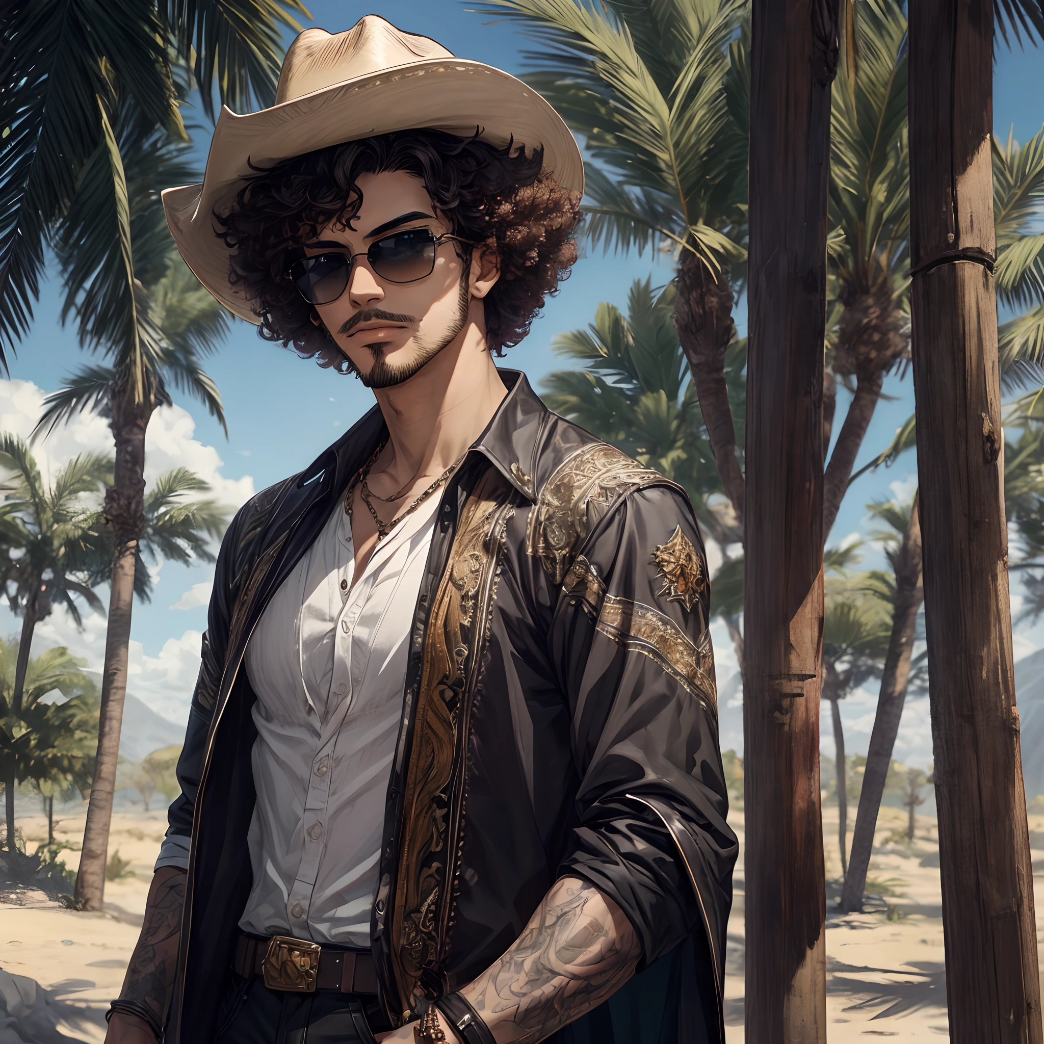 masterpiece, best quality, 1man, adult, male focus, solo, brown skin, black hair, facial hair curly afro hair, wear black sunglasses, looking at viewer, closed mouth, Fantasy aesthetics, Highly detailed, shadowverse style, savana background, cowboy, cowboy hat, gunslinger