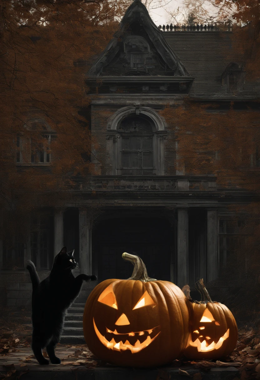(high quality:1.2)| (masterpiece:1.2)| (detailed:1.4)| 16K| A (meticulously carved pumpkin:1.2) with an intricate design sits on a wooden surface| its inner light creating a (warm ambiance:1.3)| Beside it a (sleek black cat:1.2) with (piercing green eyes:1.3) looks curiously at the glowing masterpiece| casting a (soft silhouette:1.2) against the dimly lit room| Shot with Sony Alpha a1 and Sony FE 24-70mm f/2.8 GM lens| capturing the perfect harmony of Halloween elements