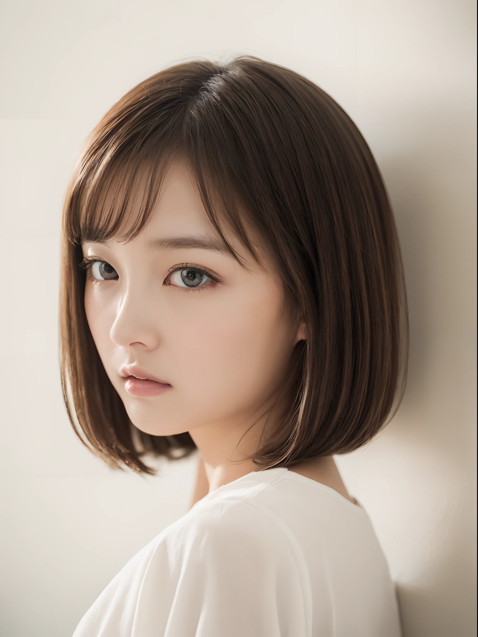 ((​masterpiece:1.4、top-quality))、((​masterpiece、top-quality))、(photographrealistic:1.4)、profetional lighting、physically-based renderingt、Very cute、extremely detailed eye and face、Eyes in Beautiful Details、short-hair、(Beautiful japanese girl:1.05)、sface focus、from the rear、White Room、white walls