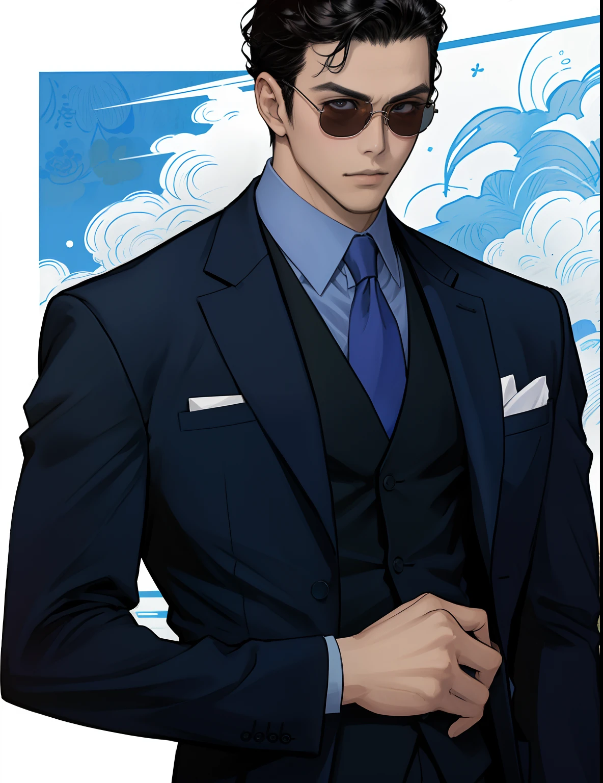 There's a man in a suit and tie with sunglasses, No estilo Kar Wai Wong, Estilo Hajime Isayama, inspirado em Kinichiro Ishikawa, kentaro miura manga art style, inspirado em Yasutomo Oka, Shinkiro Toshiaki Mori, foto do perfil, Kazuya Tsurumaki, Neo Estilo Preto