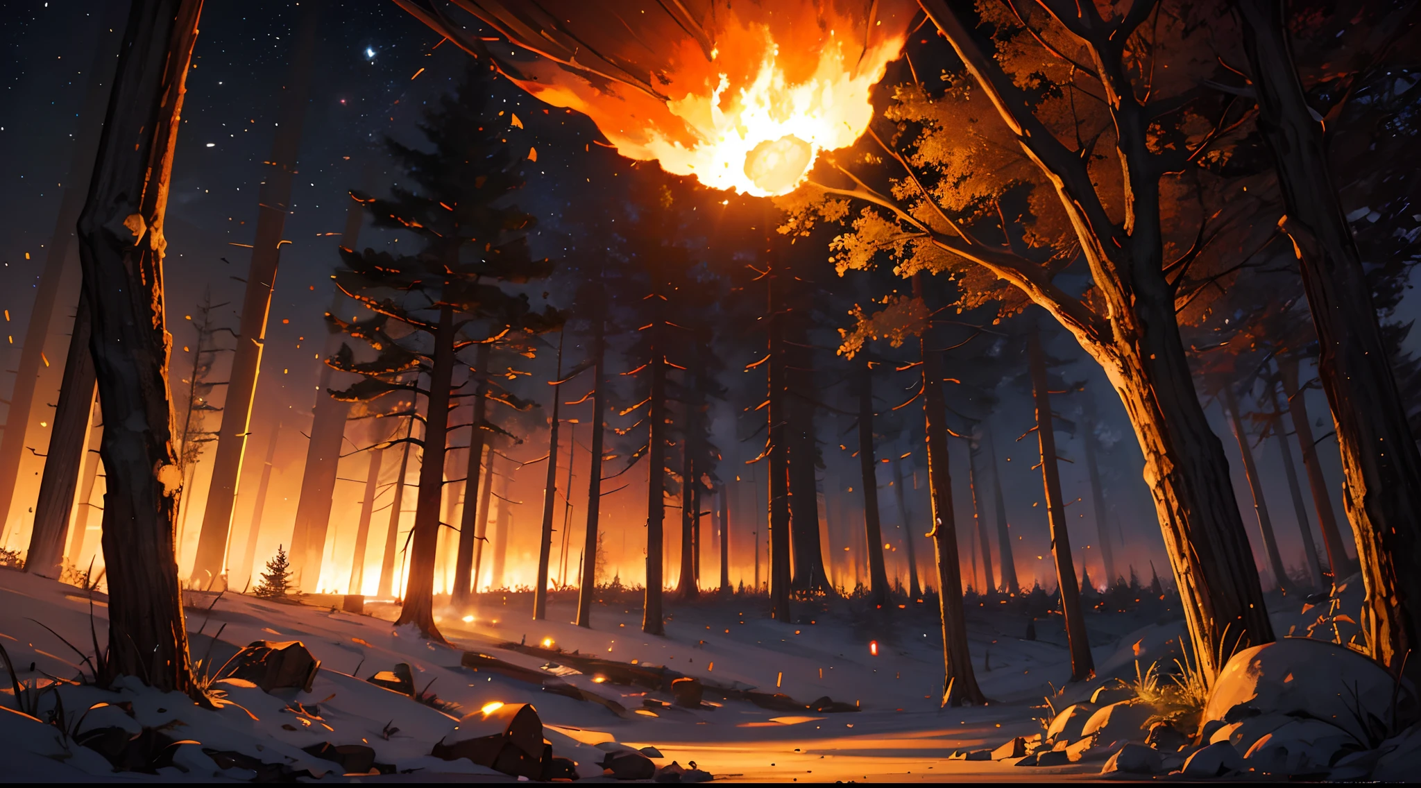 night, fire, explosion, forest, smoke