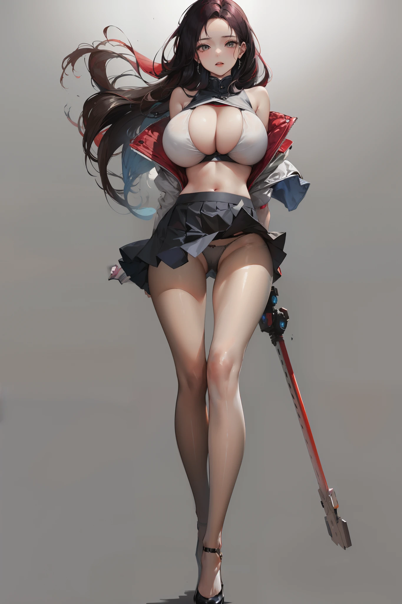 full bodyesbian,grey skirt,tightsuit,Standing on the ground,huge tit,Slim,long leges,Stand up straight,nothing background,Slim,extra long leg,Exhibited,Mannequin,Gray skirt,The skirt was blown up by the wind,Pearl panties,Red top,Colored hair,Biomechanicals,Blue bra