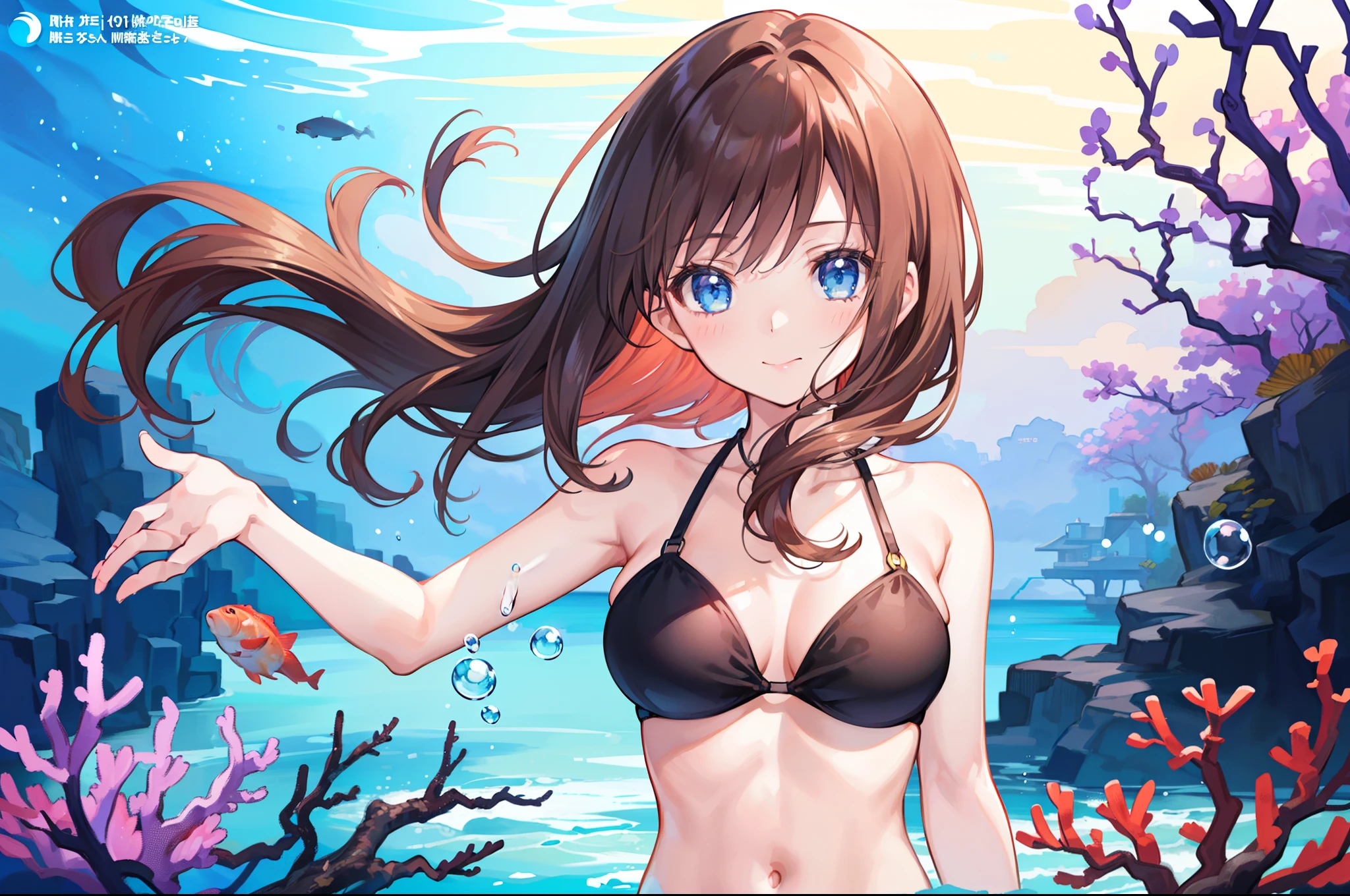 1 girl, character focus ,close to view, upper body ,(((into water))), black bikini ,(bubbles), (coral reef), cinematic lighting ,smile , brown hair , high resolution,(incredibly absurdres), anime visual,ultra detailed CG unity 8k wallpaper, ((masterpiece)), ((top-quality)), (beautiful illustration), ((an extremely delicate and beautiful))