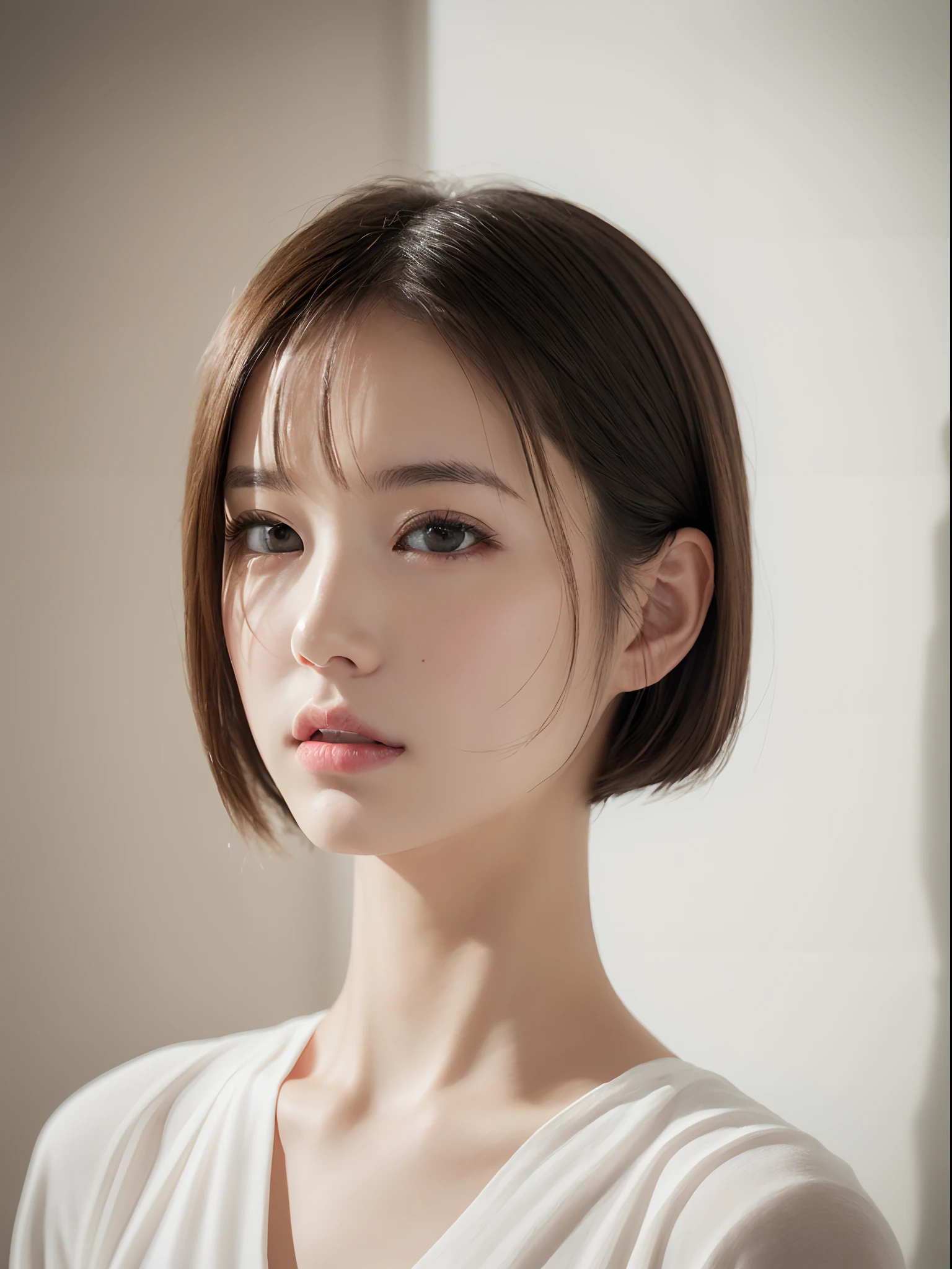 06
((masterpiece:1.4、top-quality))、((masterpiece、top-quality))、(photographrealistic:1.4)、profetional lighting、physically-based renderingt、Very cute、extremely detailed eye and face、Eyes in Beautiful Details、short-hair、(Beautiful japanese girl:1.05)、sface focus、from the rear、White Room、white walls