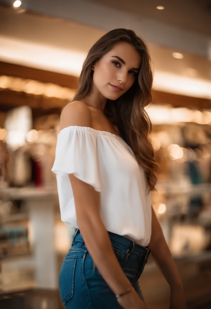 (Mikayla Demaiter) person posing in a mall clothing store, best quality, 1 girl, blur background, bokeh, (mall:1,4), ((wearing a white shirt)), gorgeous, beautiful detailed sky, (dynamic pose:1), soft lighting,wind, ((portrait:1.4))