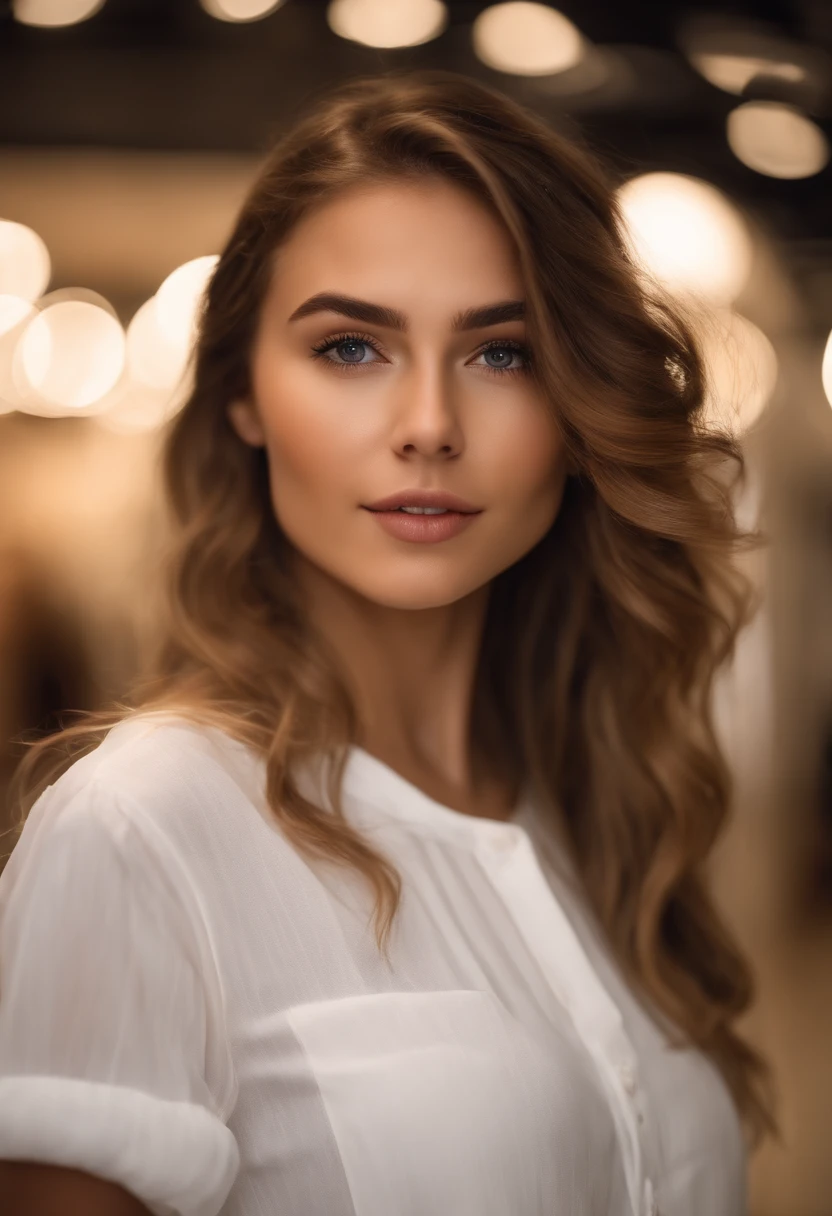 (Mikayla Demaiter) person posing in a mall clothing store, best quality, 1 girl, blur background, bokeh, (mall:1,4), ((wearing a white shirt)), gorgeous, beautiful detailed sky, (dynamic pose:1), soft lighting,wind, ((portrait:1.4))