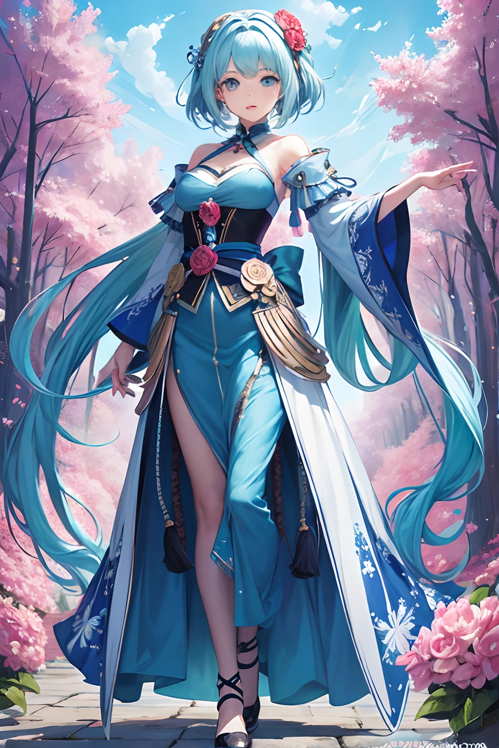 (masutepiece, of the highest quality, Best Quality, Official art, Beauty and aesthetics: 1.2), (1girl in: 1.3), (Fractal Art: 1.3), Bright aqua blue eyes, Medium hair with tassels, Full body, Equal proportions