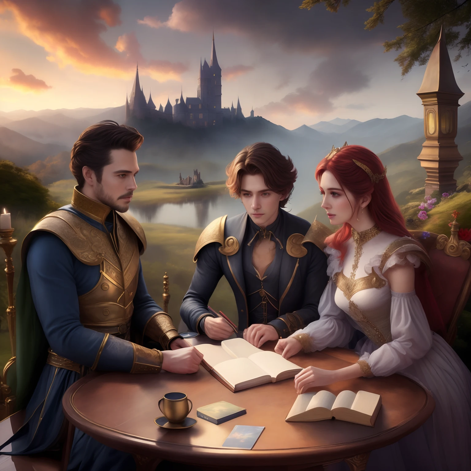 high details, best quality, 8k, [ultra detailed], masterpiece, best quality, (extremely detailed), dynamic angle, (ultra wide shot), RAW, photorealistic, fantasy art, dnd art, rpg art, realistic art,(concept art), (fantasy oil painting), subdued image that emphasizes the roleplaying aspect of the book, (featuring a group of 4 friends (male & female) (dressed in various styles of outfits) gathered around a table), engrossed in a TTRPG game. The scene could be rendered in a dreamlike, almost surreal style, with the players' imaginations coming to life in the form of fantastical creatures and landscapes. The cover could feature the players' characters in various poses, as well as the game master and any important NPCs). (on the table: dice, miniature castle, books, cups), good composition, good design, good architecture, good proportions, good anatomy, volumetric lighting, intricate, detailed, award winning, masterpiece, Masterpiece, best quality, high quality, extremely detailed CG unity 8k wallpaper, landscape, outdoor, sky, cloud, sky mountain, landscape, water, tree