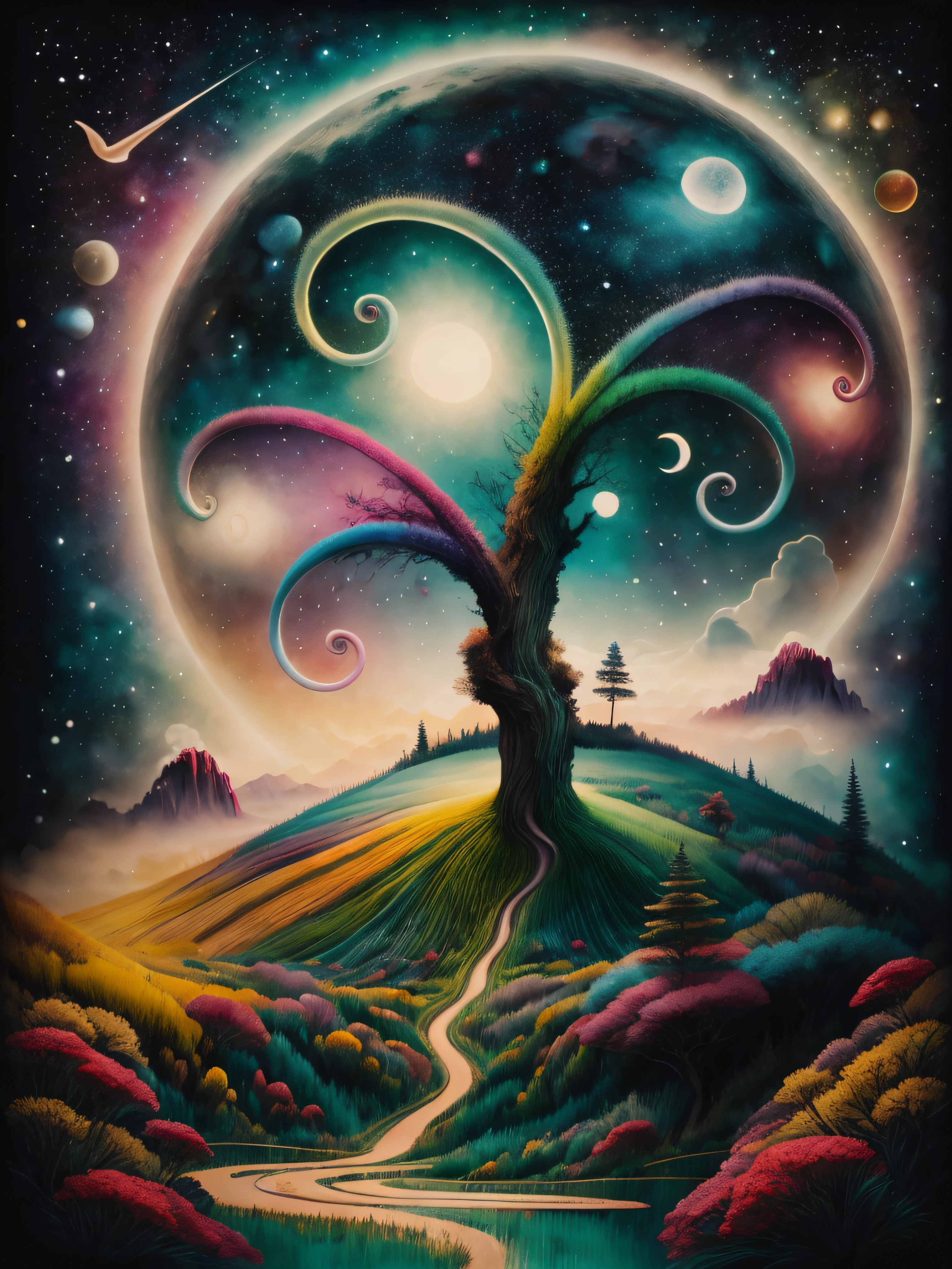 Autumn landscape painting, alta resolucion, hiperrealista, Arte digital surrealista, dreamlike surrealism, Hermosa obra de arte digital, Surrealist and fantastic art, Las estrellas son peces en las profundidades, Estilo Alexander Jansson, Copa Kerem, por Alexander Jansson, Arte surrealista, by Adam Marczyński, a beautiful artwork illustration, Estilo Mark Ryden, Mark Ryden muy detallado, Mark Ryden's Estilo, Mark Ryden en el estilo de, cute anthropomorphic bunny, por Mark Ryden, Surrealismo pop lowbrow, Arte hiperrealista