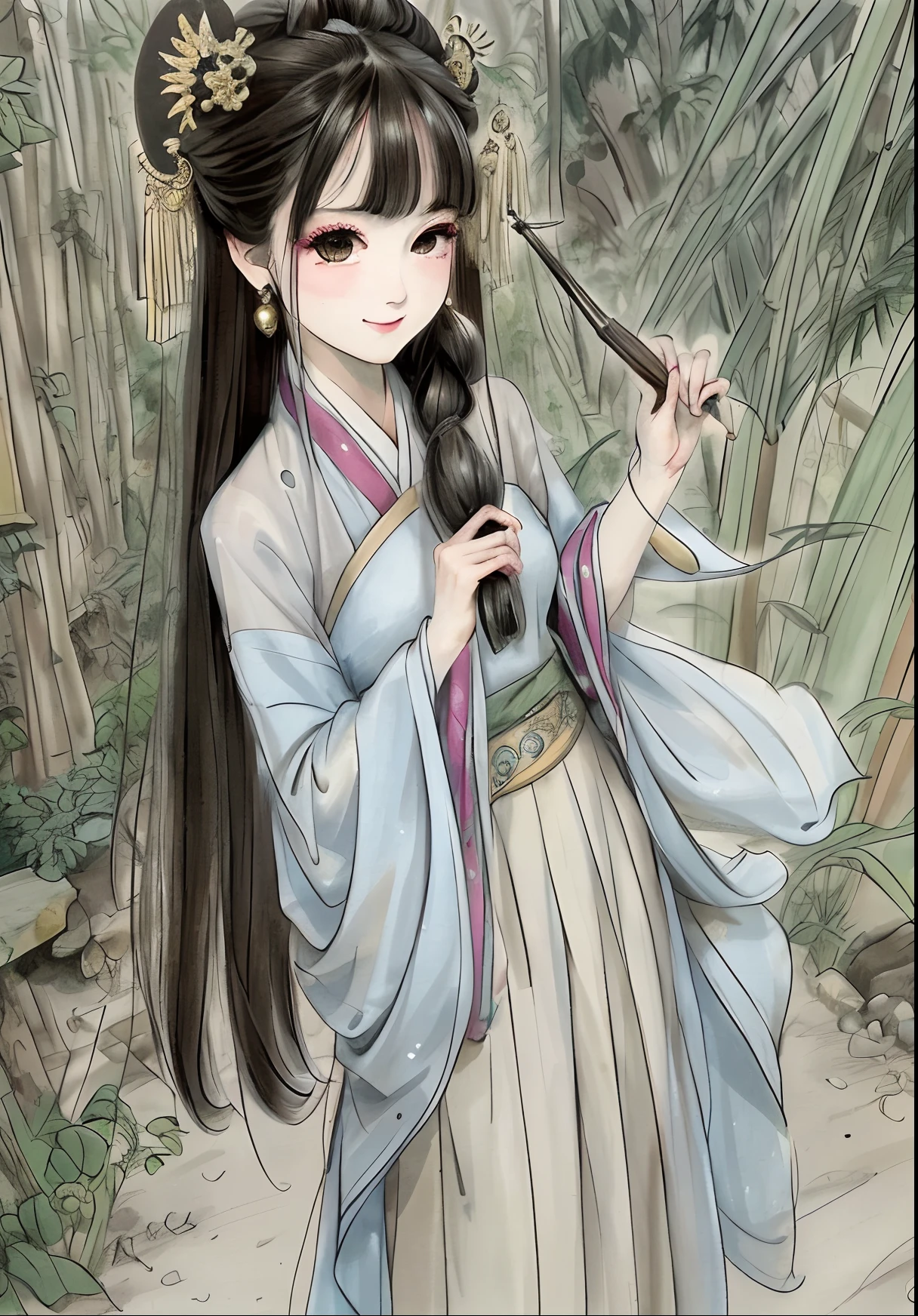 Masterpiece, 4k, super detailed, 1girl, 20-year-old young woman, delicate facial features, perfect face, smile, light makeup, headdress, hanfu, long skirt, skirt, bamboo forest, ink style, gongbi painting