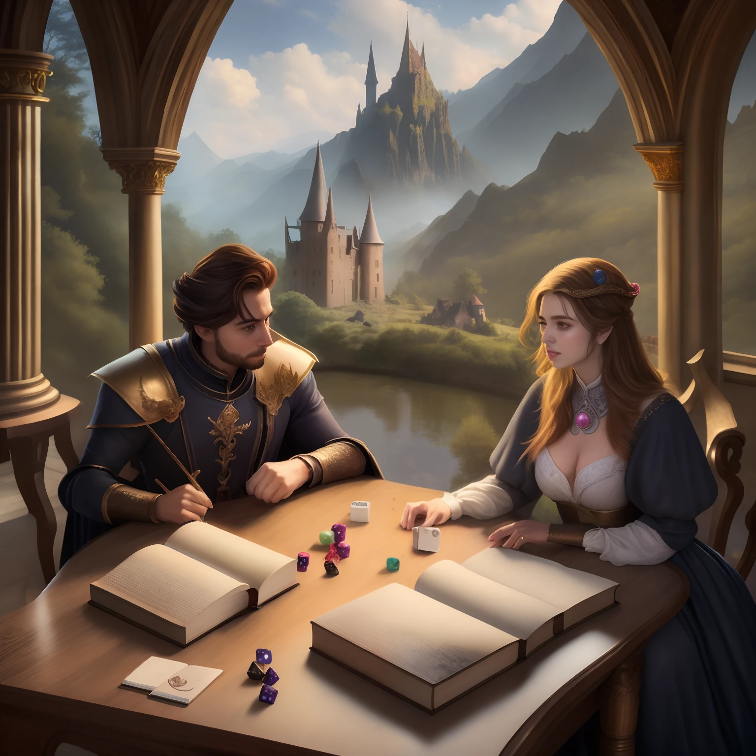 high details, best quality, 8k, [ultra detailed], masterpiece, best quality, (extremely detailed), dynamic angle, (ultra wide shot), RAW, photorealistic, fantasy art, dnd art, rpg art, realistic art,(concept art), (fantasy oil painting), subdued image that emphasizes the roleplaying aspect of the book, (featuring a group of friends (male & female) (dressed in various styles of outfits) gathered around a table), engrossed in a TTRPG game. The scene could be rendered in a dreamlike, almost surreal style, with the players' imaginations coming to life in the form of fantastical creatures and landscapes. The cover could feature the players' characters in various poses, as well as the game master and any important NPCs). (on the table: dice, miniature castle, books, cups), good composition, good design, good architecture, good proportions, good anatomy, volumetric lighting, intricate, detailed, award winning, masterpiece, Masterpiece, best quality, high quality, extremely detailed CG unity 8k wallpaper, landscape, outdoor, sky, cloud, sky mountain, landscape, water, tree