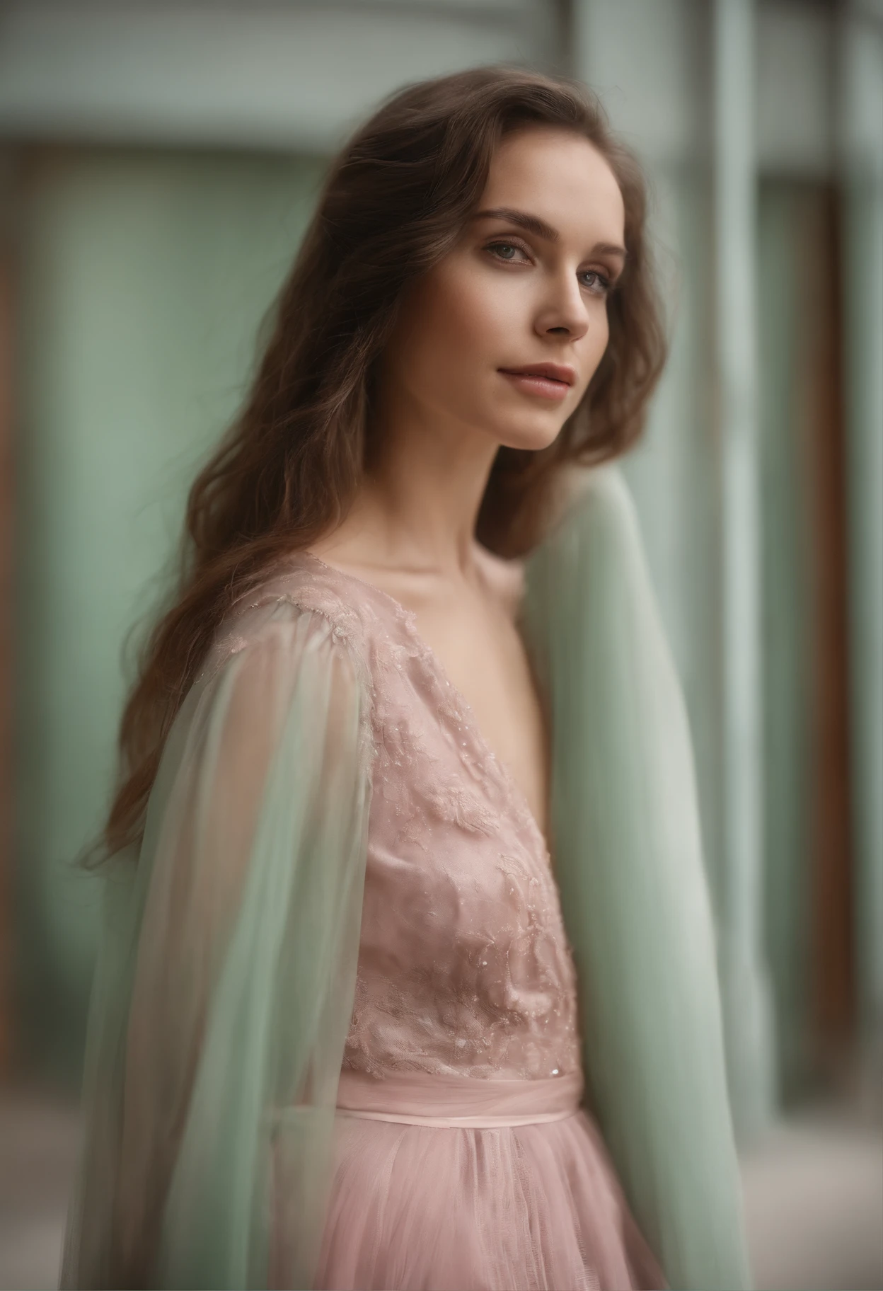 wavy long hair, brown hair, 1girl, emerald eyes, waving with two fingers, pink lips, pastel green dress,