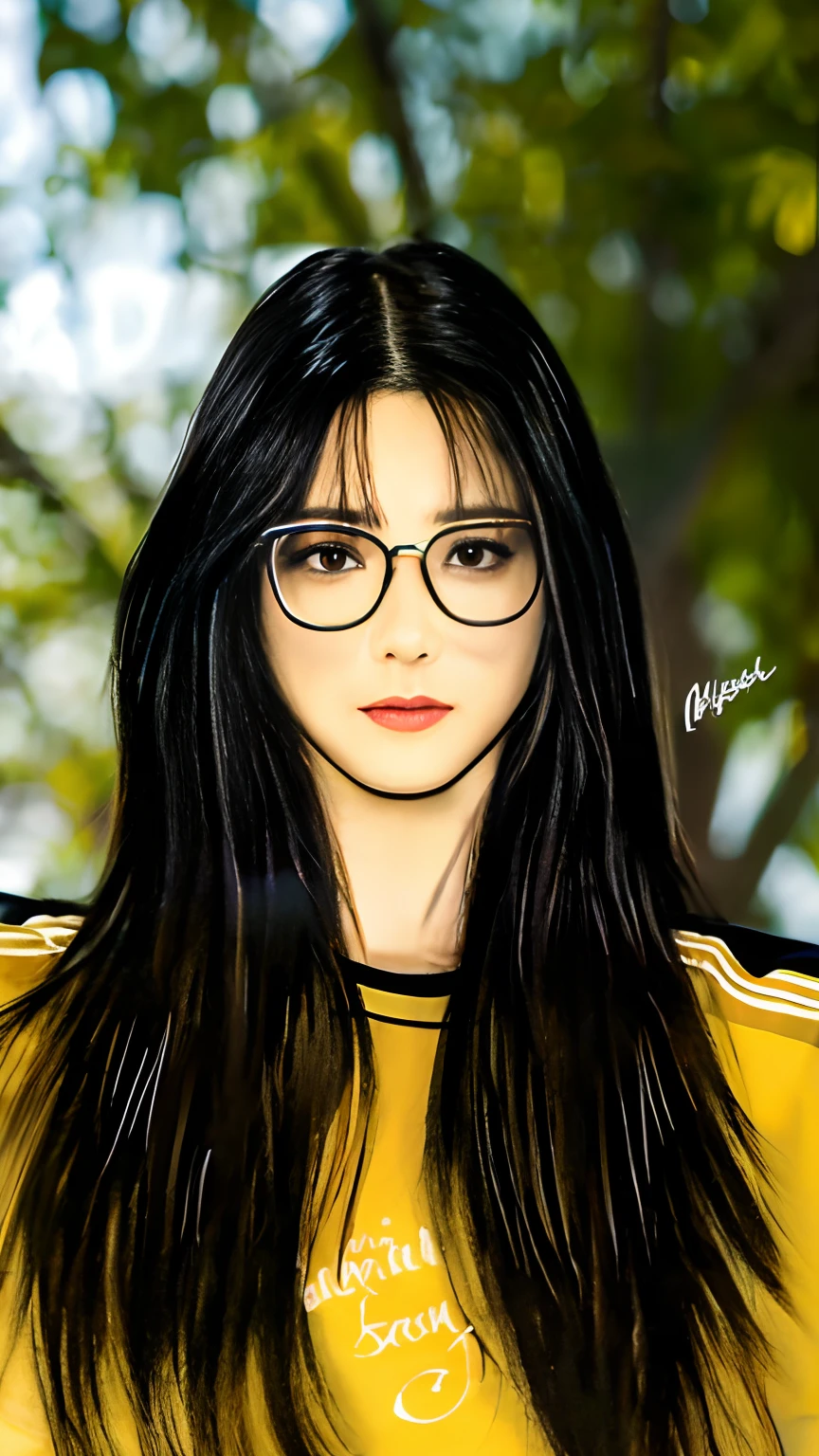 girl, beautiful, black hair, yellow tshirt