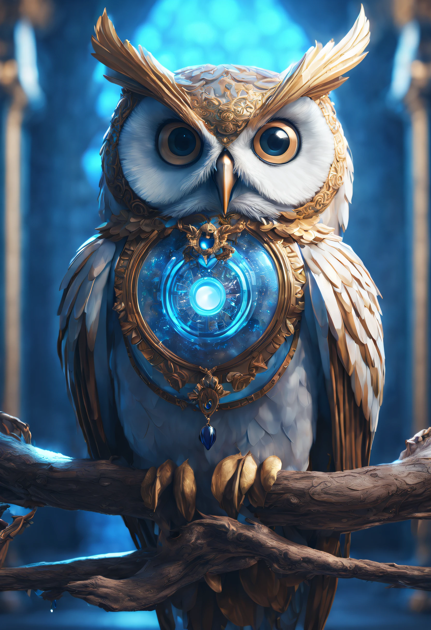 a digital painting of an owl with blue eyes, unreal engine render + a goddess, very detailed , beeple global illumination, elaborate ornate jewellery, trending on cgisociety, motion graphics, rossdraws global illumination, cgsociety