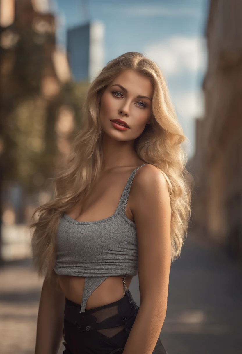 Blonde girl with extra long, gewellten blonden Haaren, Detaillierte, seductive eyes, lange sexy Beine, Winzige Shorts tragen, T-Shirt, ((detailed facial features)), (fein detaillierte Haut), blasse Haut, Realistische Hautstruktur, Extreme Hautdetails, (poren:0.1), in the background beautiful futuristic cyberpunk city, best quality masterpiece, fotorealistisch, hyperrealistisch, Detailliert, 8K, HDR, (Weiche Farbe: 1.2), light depth of field, Breites Licht, Hoher Kontrast, Hintergrundbeleuchtung, bloom, Leichtes Funkeln, chromatische Aberration, Scharfer Fokus, RAW-Farbfoto