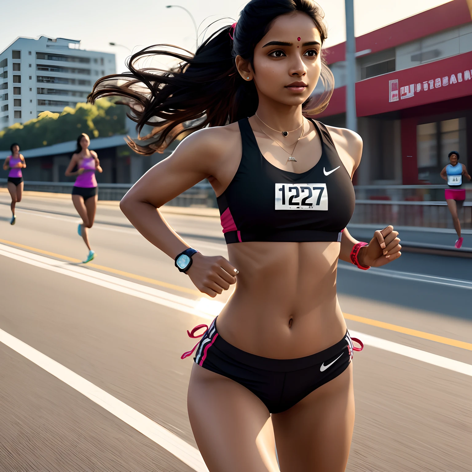 Indian woman, 21 years old, rosto triangular, long straight hair, tied up hair, triangular face, running crop top with Indian colors, black running panties, tight clothes, small breasts, small butt, hypertrophied serratus anterior, hypertrophied abdominis ablique, toned legs, toned abdomen, slim arms, white running shoes, running, marathon, black digital watch, watch on the right arm, illustration, masterpiece, 8k.