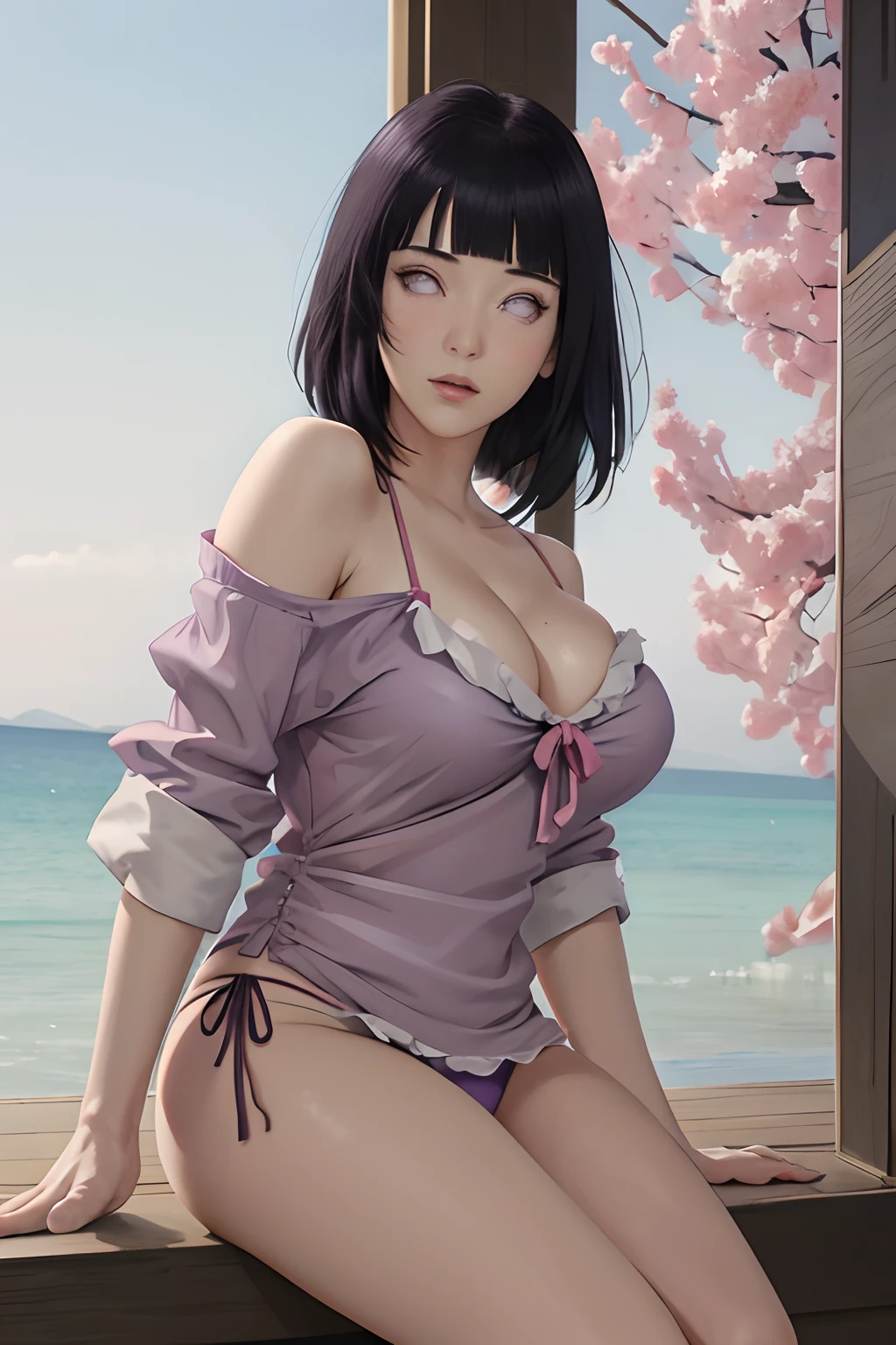 Masterpiece, absurderes, Hinata\(Boruto\), 1girll, Solo,Mature female, Off-the-shoulder oversized shirt, view the viewer, (Falling petals), Perfectcomposition, Detailed lips, big breast, Beautiful face, body propotion, Blush, (Pink lips), Long hair,  Purple eyes,  Soft gaze,  Super realistic, Detailed, photoshoot, Realistick faces and bodies, Side view masterpiece, masterpiece,best quality,official art,extremely detailed CG unity 8k wallpaper, best quality, cleavage dress, bare_shoulders, side-tie_bikini, victorian, transparent underwear, chemise,