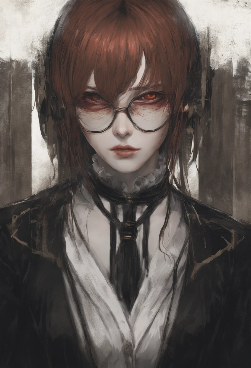 short detailed hair, Pale golden eyes, Pan, Brown-red hair, Hairline, Silver glasses, hyper HD, School teacher uniforms, white skinned, wisdom,High detail