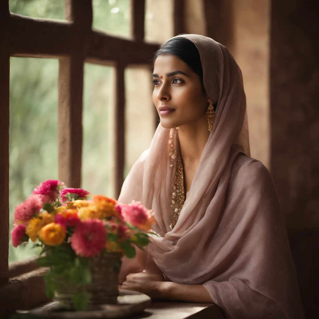 Capture a high-resolution photo realistic image of a Indian woman with a pastel-colored headscarf covering entire face, seated near a wooden table with a vase of multi-colored flowers, set against a rustic wall , a window with volumetric light, perfect eyes and fingers, Qiu Fang, and Spring minimalist photo techniques, with unsaturated colors, Skeb.jp anamorphic bokeh, and gypsophila, to create a polished look, by Junpei Satoh, with full width and simplicity.
