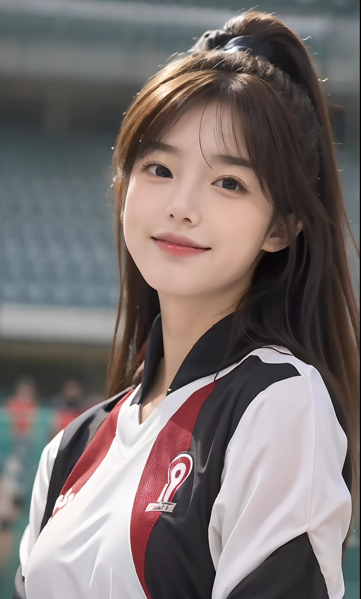 Volleyball players in the stadium、Woman in volleyball uniform、((top-quality、8K、​masterpiece：1.3))、foco nítido：1.2、Beautiful Women in Perfect Style：1.4、Slender Abs：1.2、((dark brown hair、Colossal tits：1.2))、(volleyball uniform)、Highly detailed facial and skin texture、A detailed eye、二重まぶた、A smile、(Focus on the chest)