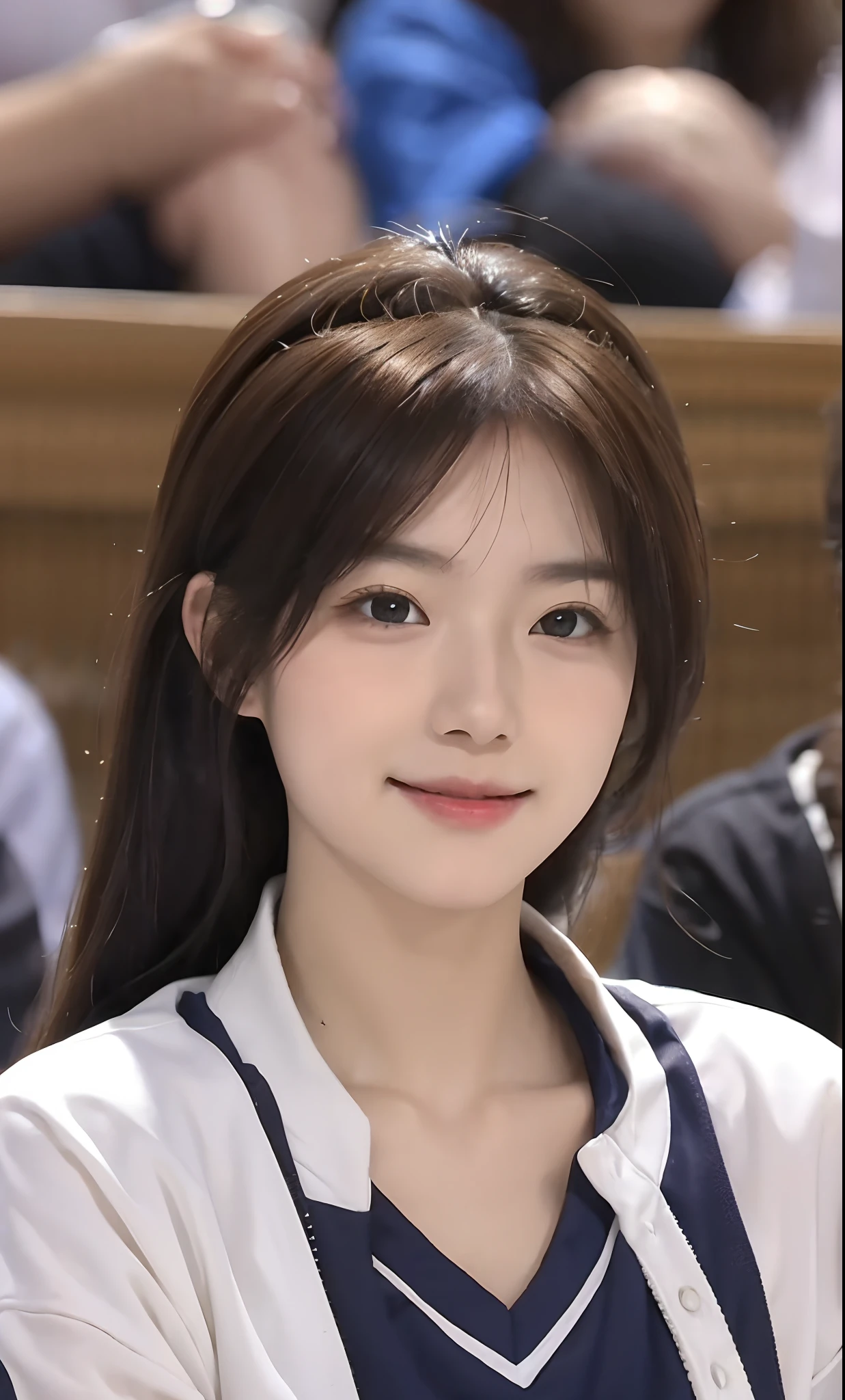 Volleyball players in the stadium、Woman in volleyball uniform、((top-quality、8K、masterpiece:1.3))、foco nítido:1.2、Beautiful Women in Perfect Style:1.4、Slender Abs:1.2、((dark brown hair、Colossal tits:1.2))、(volleyball uniform)、Highly detailed facial and skin texture、A detailed eye、二重まぶた、A smile、(Focus on the chest)