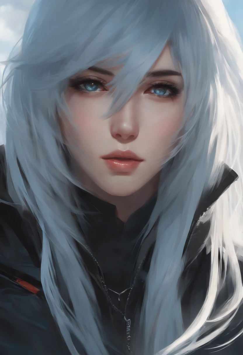 full shot of rimuru tempest, sky blue straight hair, long bangs, with amber eyes, wearing a fancy black jacket, high collar, ultra detailed, brush strokes, digital painting, cinematic, wlop artstation, closeup, pixiv, intense, intimidating glare, photorealistic, overpowering, makoto shinkai, rossdraws, andy warhol”
