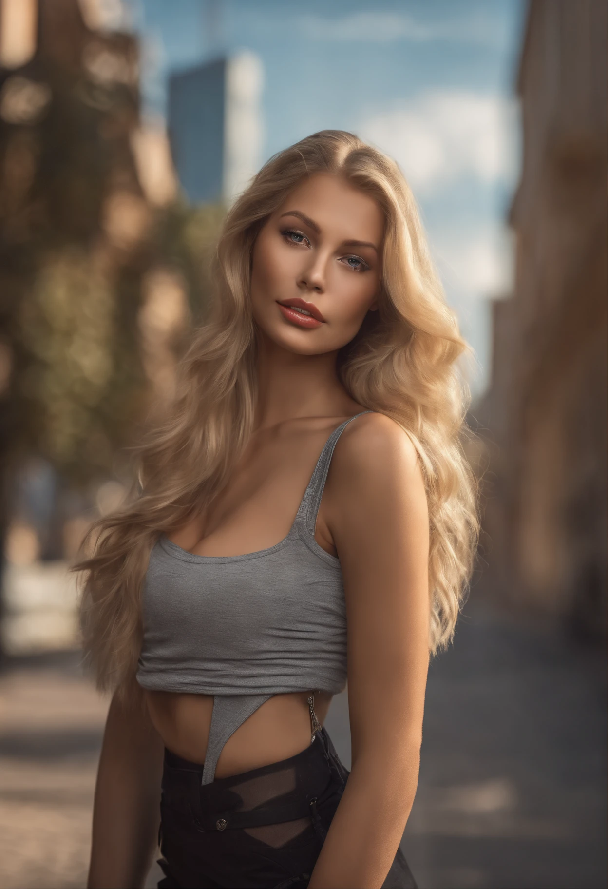 Blonde girl with extra long, gewellten blonden Haaren, Detaillierte, seductive eyes, lange sexy Beine, Winzige Shorts tragen, T-Shirt, ((detailed facial features)), (fein detaillierte Haut), blasse Haut, Realistische Hautstruktur, Extreme Hautdetails, (poren:0.1), in the background beautiful futuristic cyberpunk city, best quality masterpiece, fotorealistisch, hyperrealistisch, Detailliert, 8K, HDR, (Weiche Farbe: 1.2), light depth of field, Breites Licht, Hoher Kontrast, Hintergrundbeleuchtung, bloom, Leichtes Funkeln, chromatische Aberration, Scharfer Fokus, RAW-Farbfoto