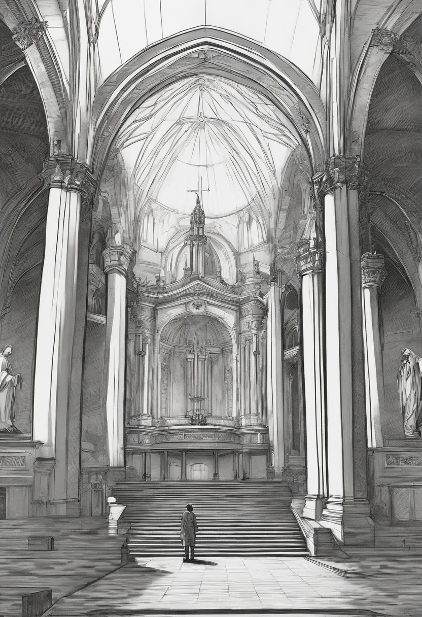 japanese, pencil drawing, roughly sketched, loose lines, brushed lines, outline drawing, beautiful thin lines, intriguin correct anathomy, academic drawing, elaborate, perfect composition, two-point perspective, 1 anime girl in the middle close to camera reaching out, inside church, ruined church, sketch, black and white, interesting, amazing, high res, detailed, professional lighting, no other humans