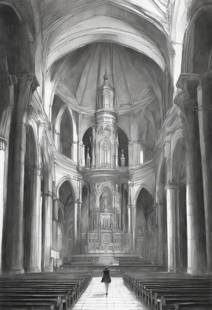 japanese, pencil drawing, roughly sketched, loose lines, brushed lines, outline drawing, beautiful thin lines, intriguin correct anathomy, academic drawing, elaborate, perfect composition, two-point perspective, 1 anime girl in the middle close to camera reaching out, inside church, ruined church, sketch, black and white, interesting, amazing, high res, detailed, professional lighting, no other humans